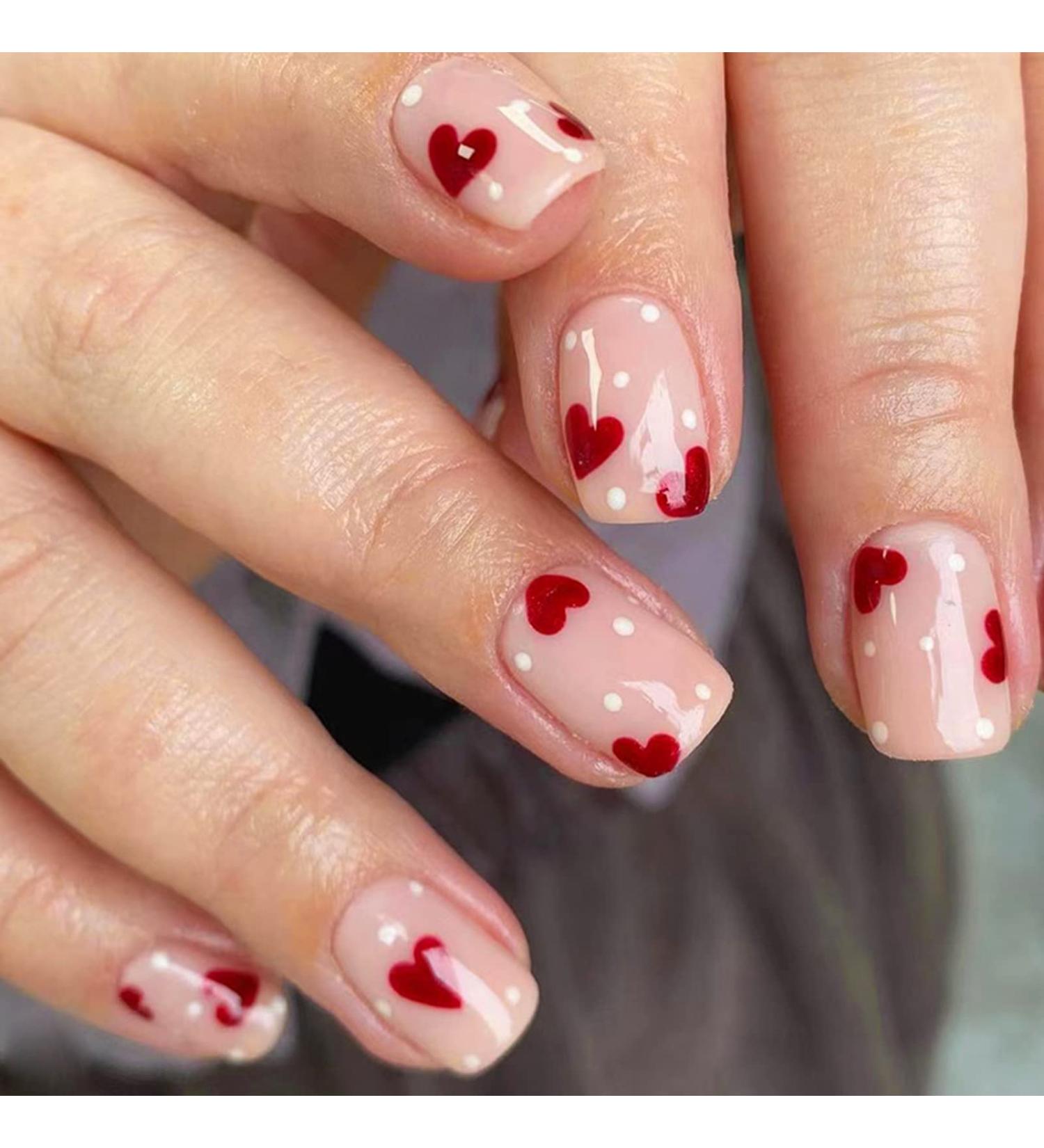 24Pcs Red Heart Short Square Press On False Nails | Full Cover Acrylic Tips for Women Decoration - Buy Online on GoSupps.com
