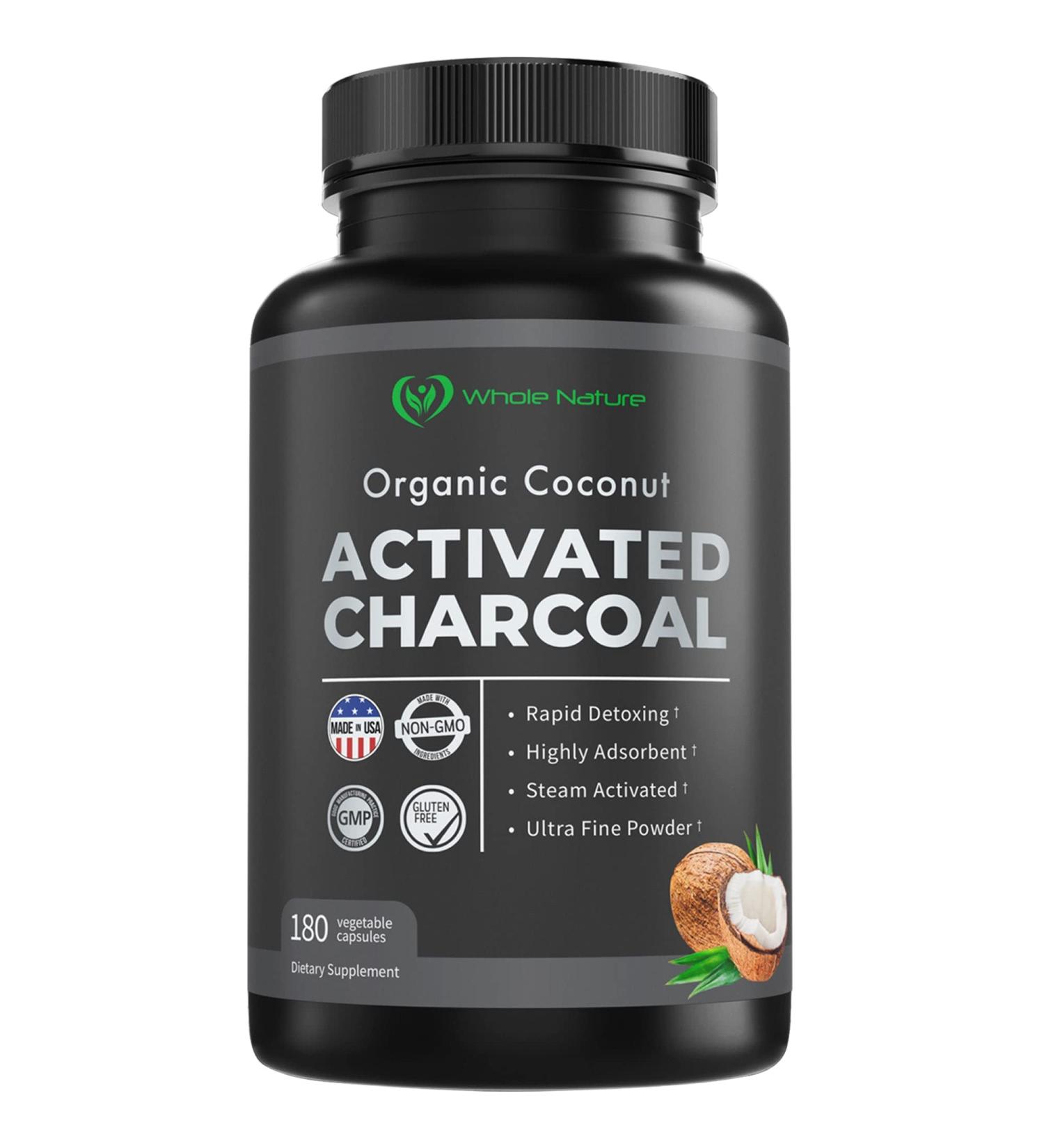 Organic Coconut Activated Charcoal Capsules - 180 Pills for Detox, Teeth Whitening, Constipation, Bloating, Gas, and Heartburn Relief - Vegan & Pure Coconut Supplement - Buy Online on GoSupps.com