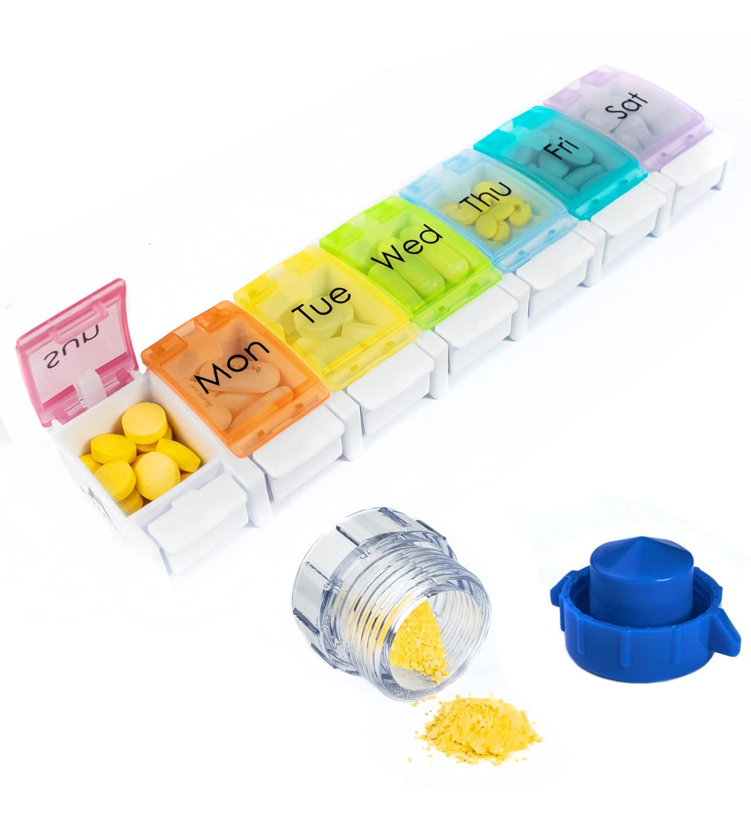 MUFFSHELL Weekly Pill Organizer - Large BPA Free Design for Arthritis, Home & Office - Pill Box & Crusher for Vitamins, Fish Oil & Meds - Buy Online on GoSupps.com