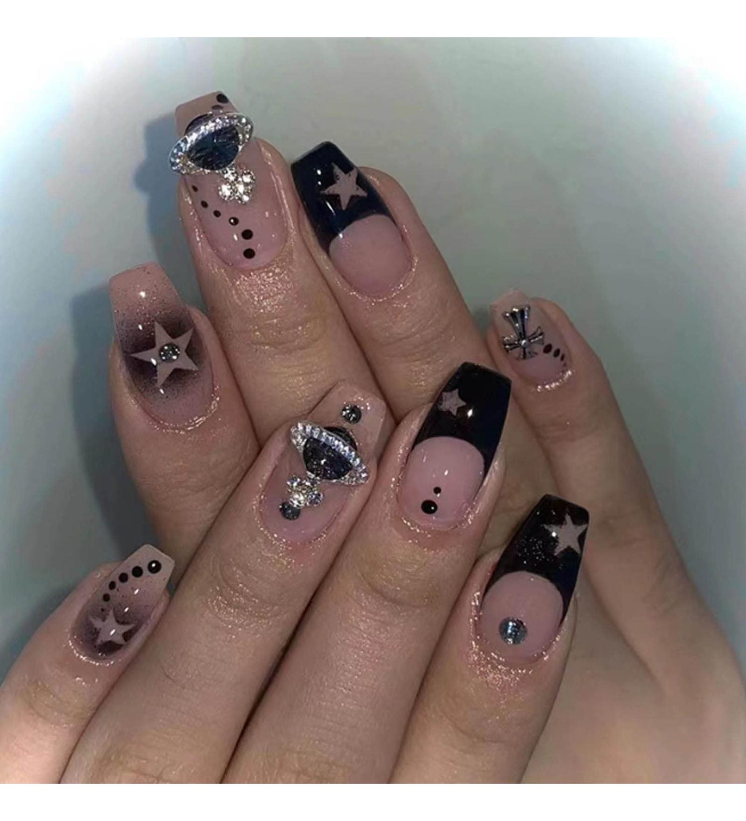 Hkanlre Square Black Rhinestone Press on Nails - 24PCS | Full Cover False Nails for Women and Girls - Buy Online on GoSupps.com