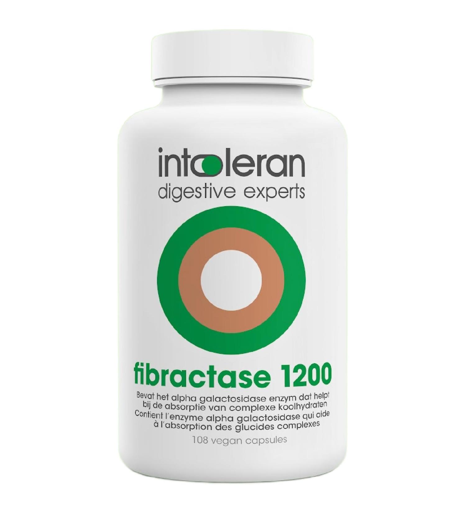 Intoleran Fibractase 1200 forte Digestive enzymes 108 capsules Highdosage Food Supplement with Enzyme AlphaGalactosidase Aids in digestion Fructans & Galactans onion leek and wheat - Buy Online on GoSupps.com