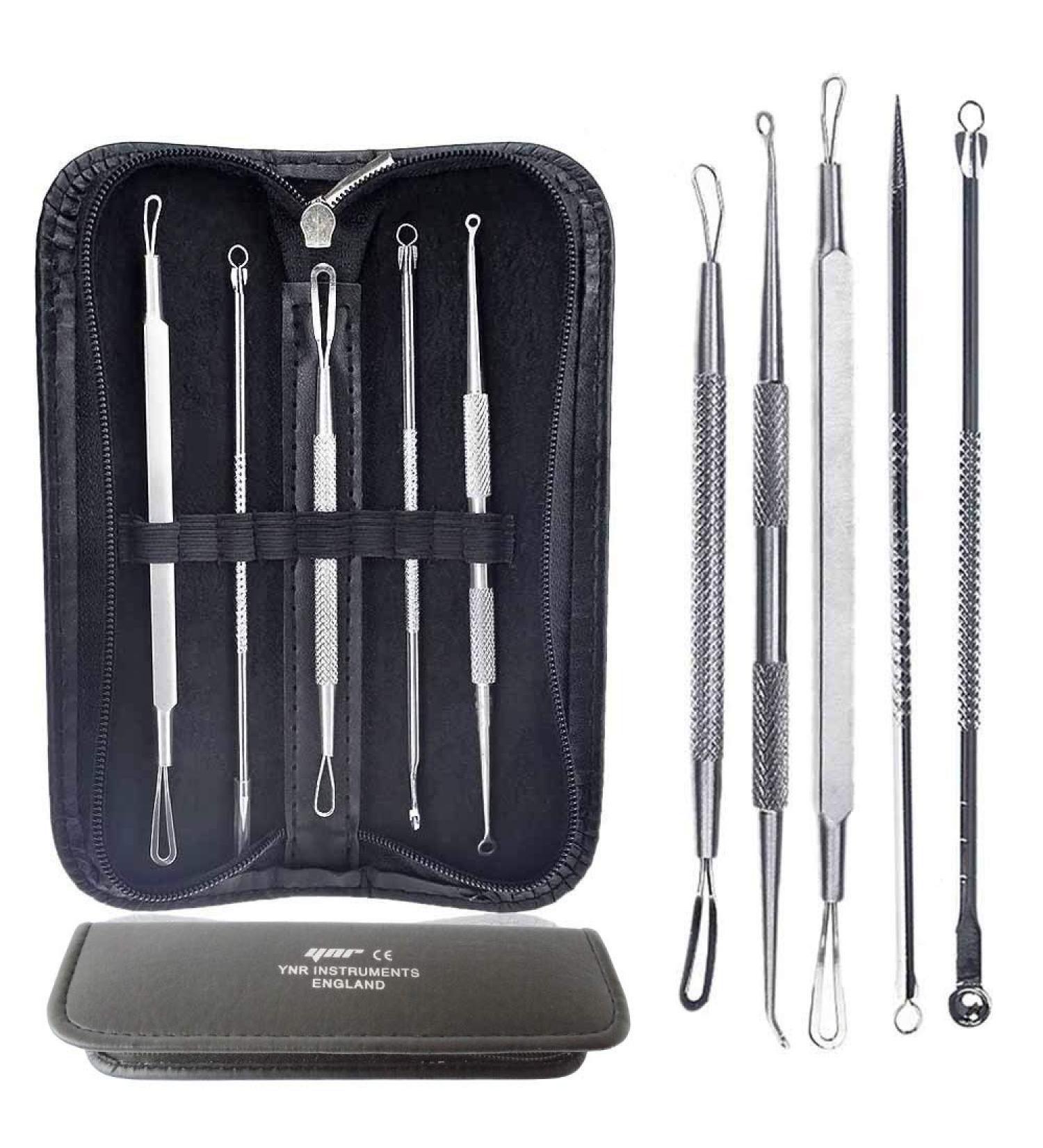 YNR 5pcs Professional Surgical Extractor Blackhead Remover Pimple Acne Extractor Tool Best Comedone Removal - Treatment for Blemish Whitehead Popping Zit Removing with Leather Bag Case Kit ***PROMOTIONAL PRICE***