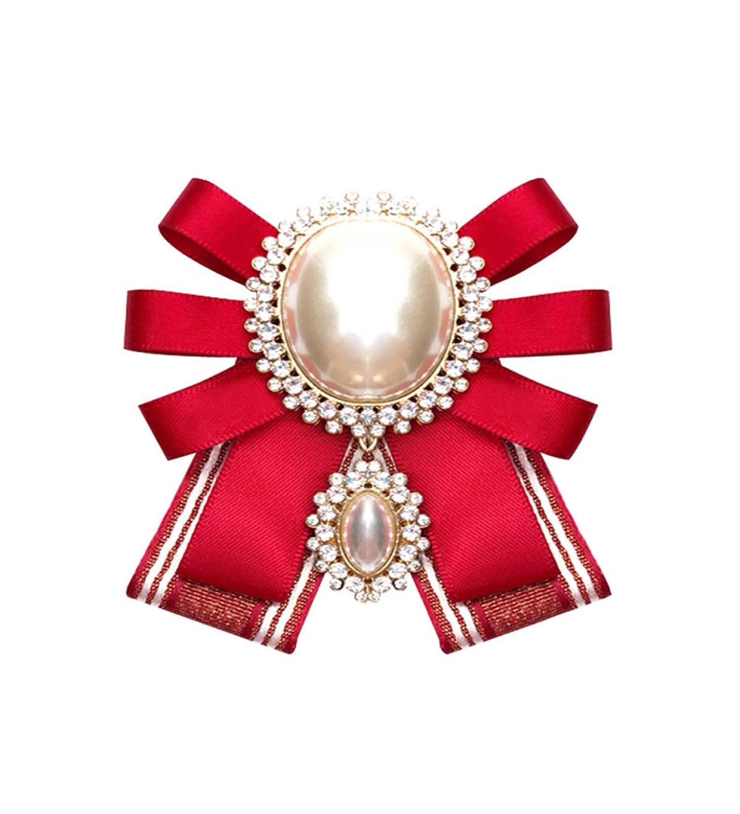 Elegtiskas Adjustable Pre-tied Bow Tie Ribbon Fabric Bowknot Necktie brooch Brooch Pin Collar for Women and Girls bowtie03-C-red