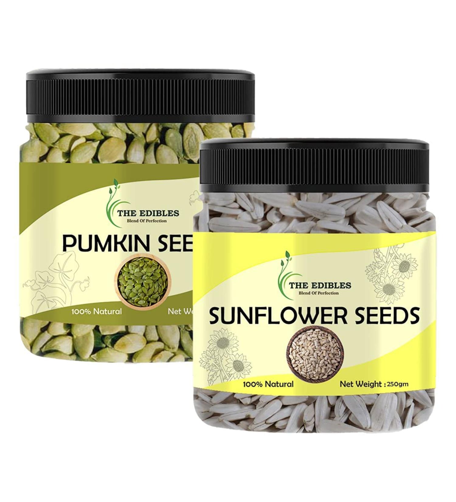THE EDIBLES Combo Seeds Raw Pumpkin Seeds Protein Fiber Rich Superfood For Eating and Raw Sunflower Seeds for Eating Healthy Seeds 250 gms Each Total 500 gms_Packing May Vary - Buy Online on GoSupps.com