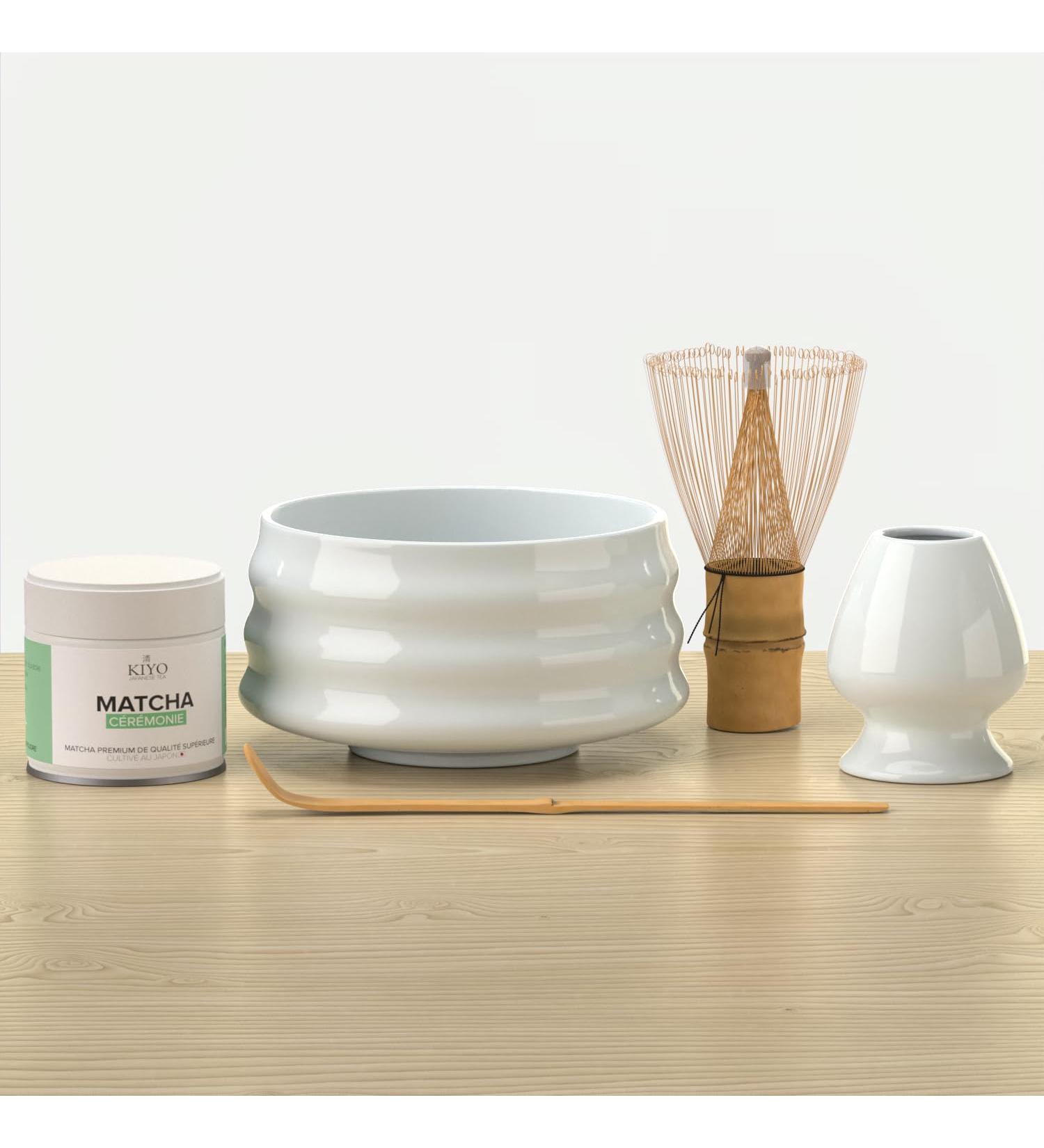 KIYO Set Matcha Th Matcha C r monie + Kit Complet Blanc : Bol en C ramique Fouet Bambou Support & Cuill re | C r monie du Th Japonaise Coffret Cadeau F tes & Pr paration Authentique Kit Blanc Ivoire avec Matcha - Buy Online on GoSupps.com