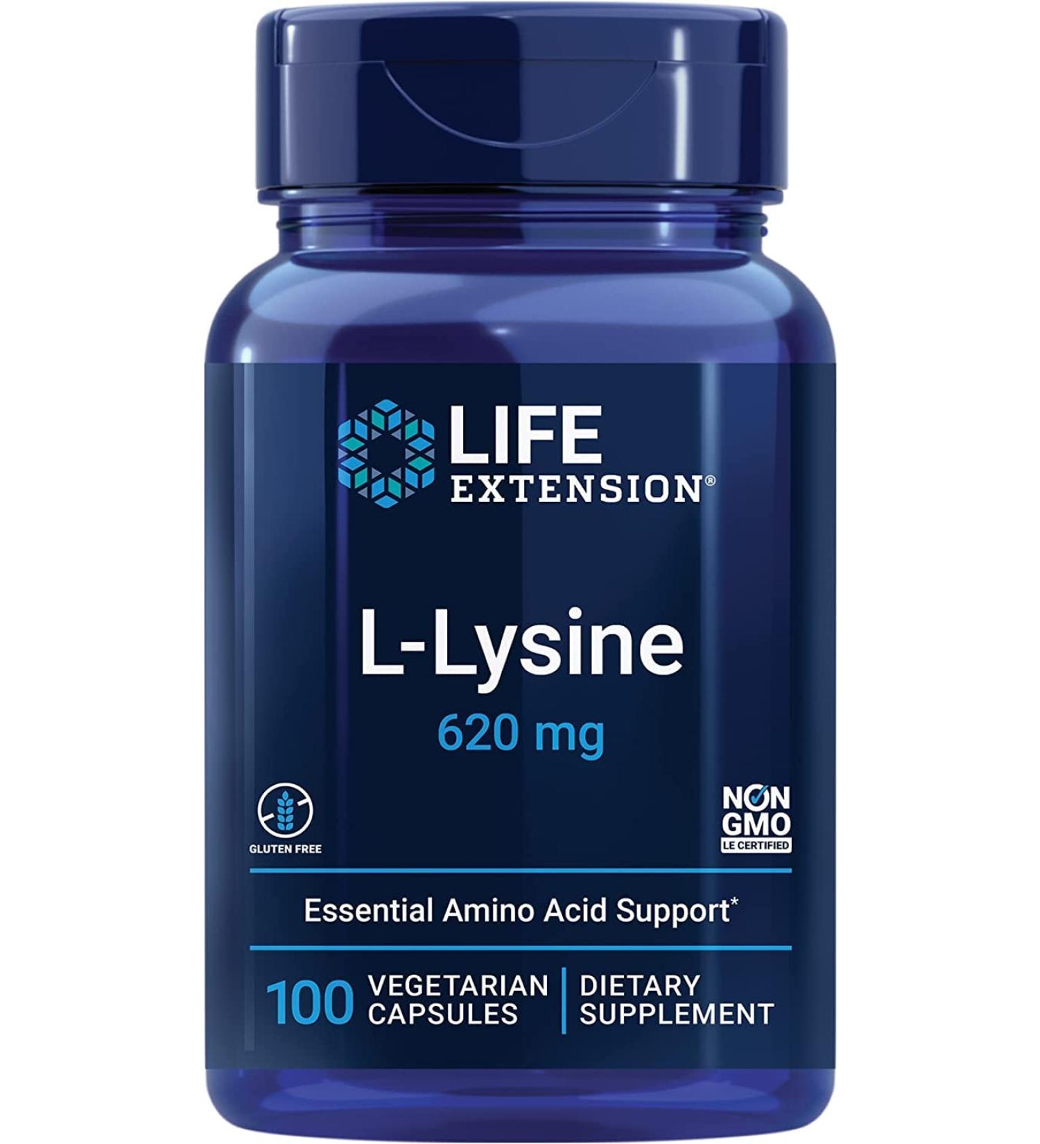 Life Extension L-Lysine 620mg High Dose Vegan Capsules - Laboratory Tested, Gluten Free, Vegetarian, SOYA Free, GMO Free - Buy Online on GoSupps.com