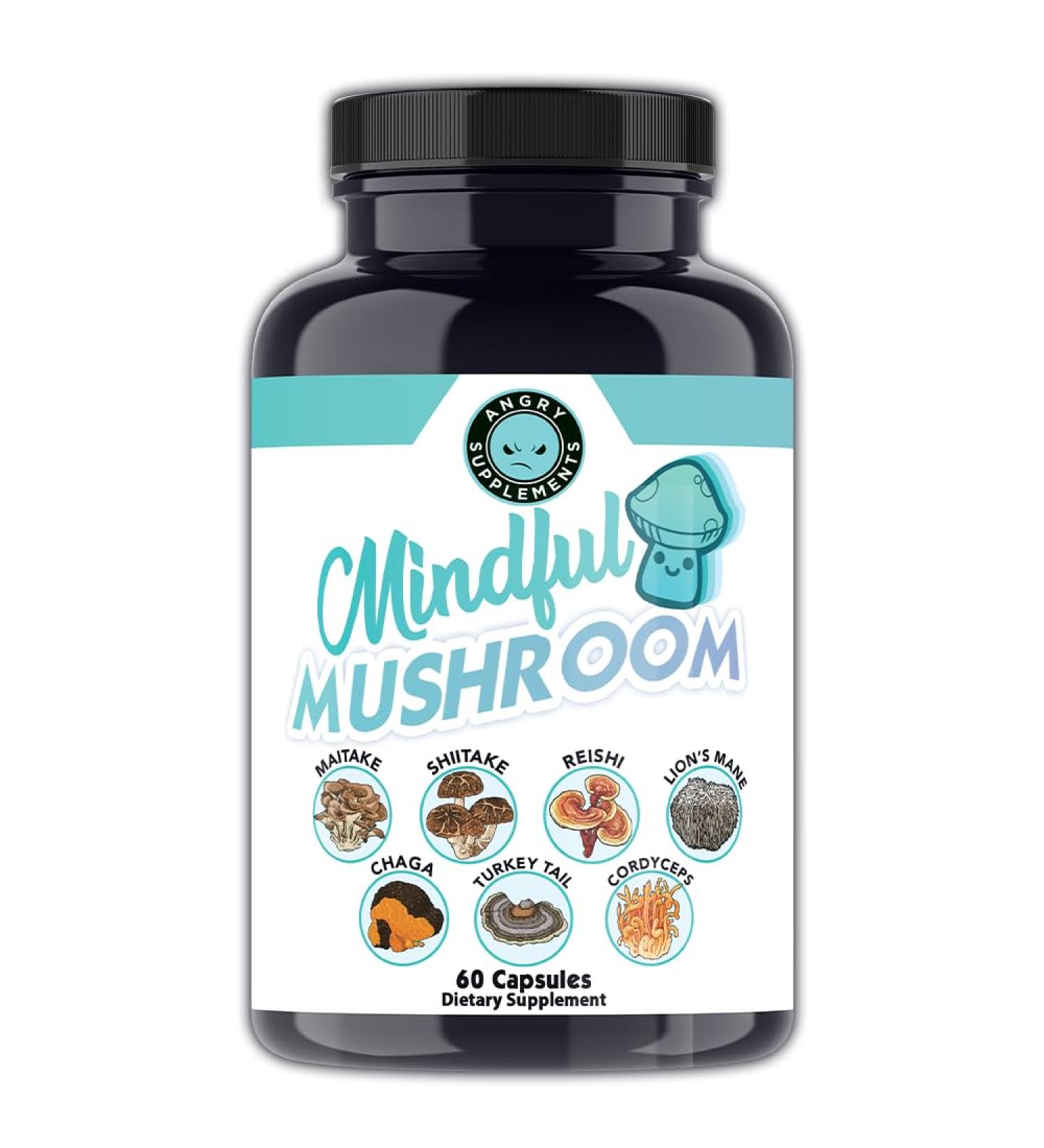Angry Supplements Mindful Mushrooms Capsules - 7in1 Premium Health Shroom Blend of Maitake Shiitake Reishi Turkey Tail Cordyceps Lions Mane and Chaga Mushrooms (60ct) 60 Count (Pack of 1) - Buy Online on GoSupps.com