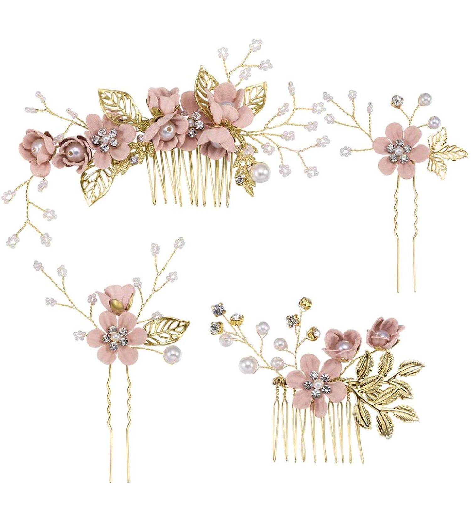 4-Piece Light Pink Gold Wedding Hair Comb Set | Rhinestone Bridal Hair Clips | Elegant Wedding Accessories - Buy Online on GoSupps.com