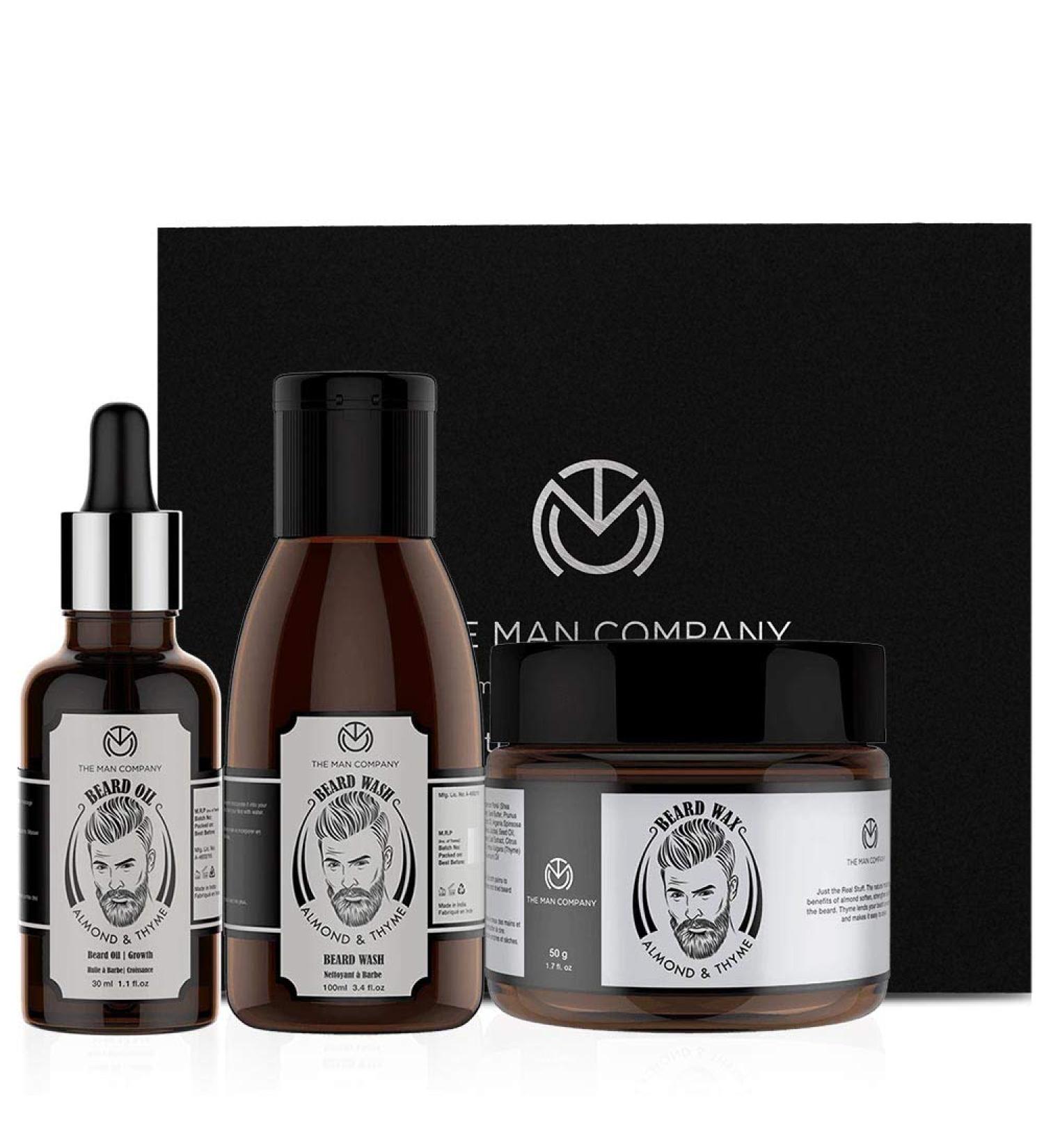 The Man Company Beard Care Set for Men | Almond & Thyme Oil Beard Wax & Dinums | Nourish & Strengthen Beard - 3 Pack - Buy Online on GoSupps.com