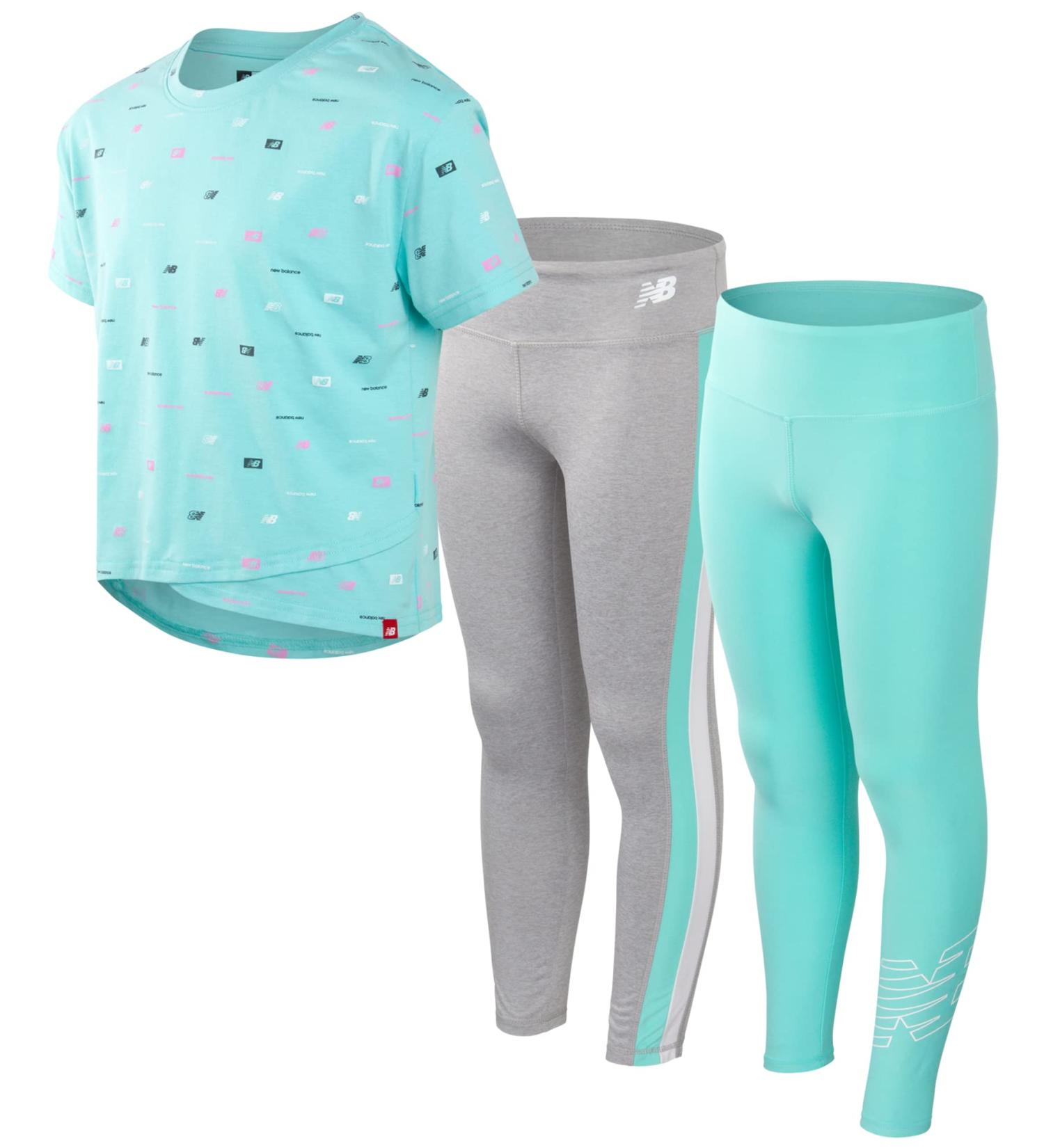 New Balance Girls Active Leggings Set - 3 Piece T-Shirt and Leggings Activewear Set in Surf/Grey/Surf - Size 14-16 - Buy Online on GoSupps.com