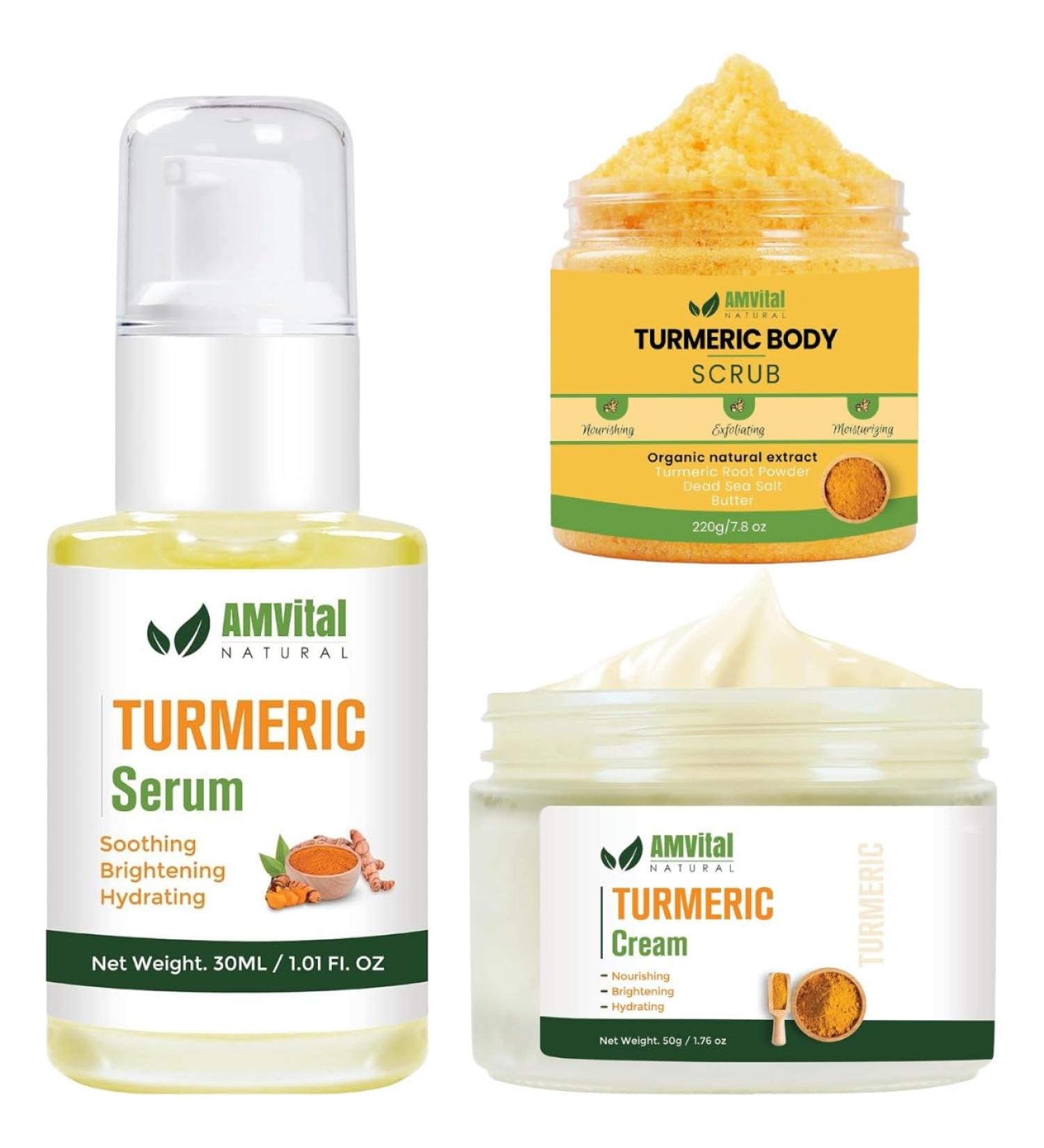 AMVital Turmeric Skincare Set - Scrub Serum Cream - Handcrafted All-Natural - Suitable for All Skin Types - Buy Online on GoSupps.com