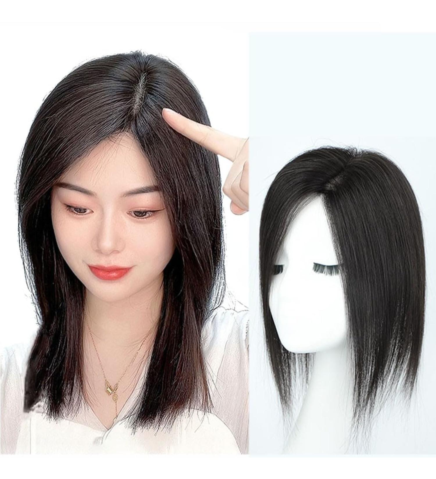 U-Part Silk Base Real Human Hair Topper Side Part Clip in Hairpiece Straight Seamless Wiglet Replacement for Women Hair Loss (Left Part 32cm Black) - Buy Online on GoSupps.com