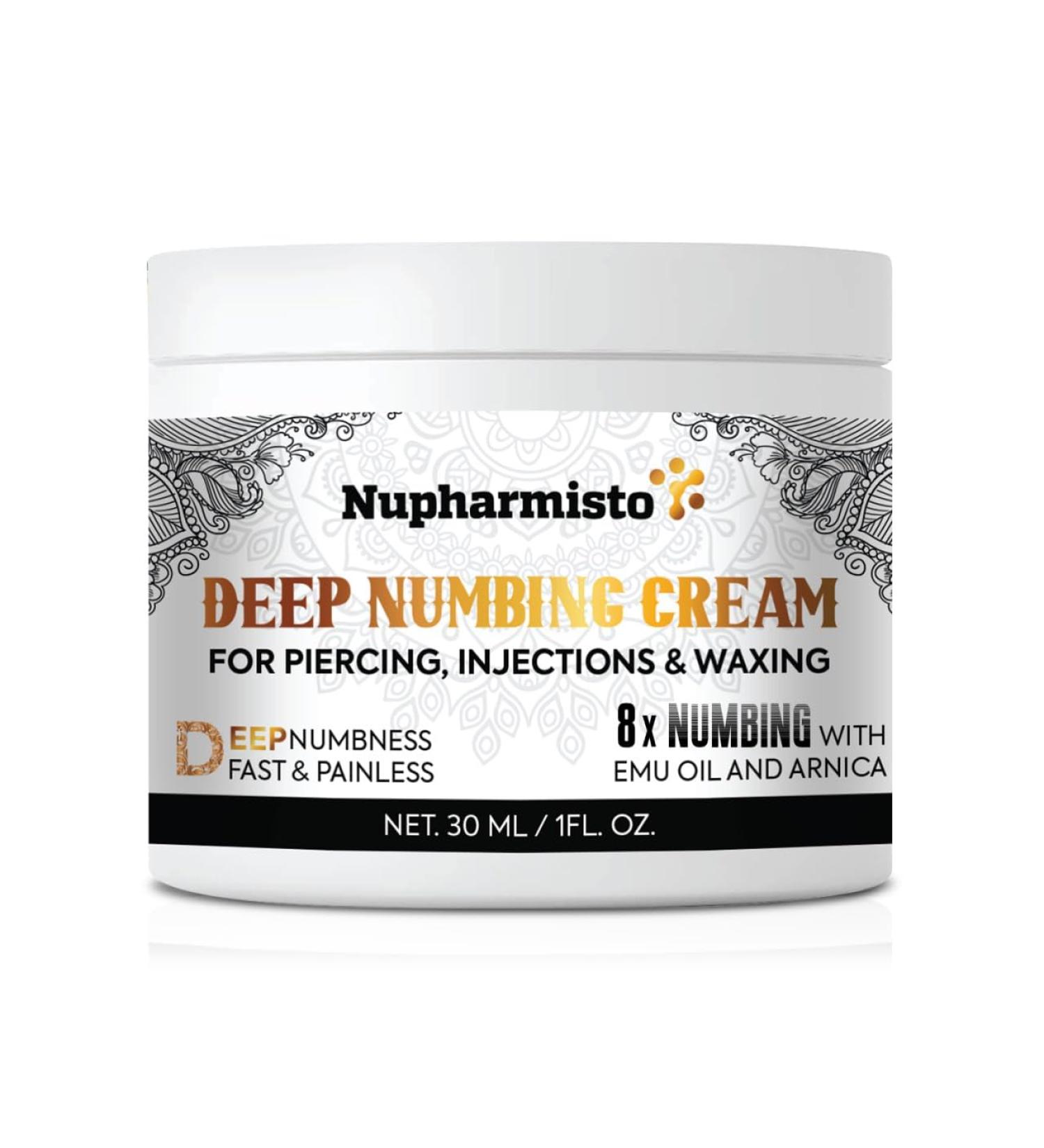 Nupharmisto Deep Numbing Cream for Piercing Injections& Tattoos Fast Numbing for Waxing 7 Hours Maximum Strength Painless Numbing Cream for Injections 8x Numbing with Emu Oil and Arnica. 30ml/1oz White - Buy Online on GoSupps.com