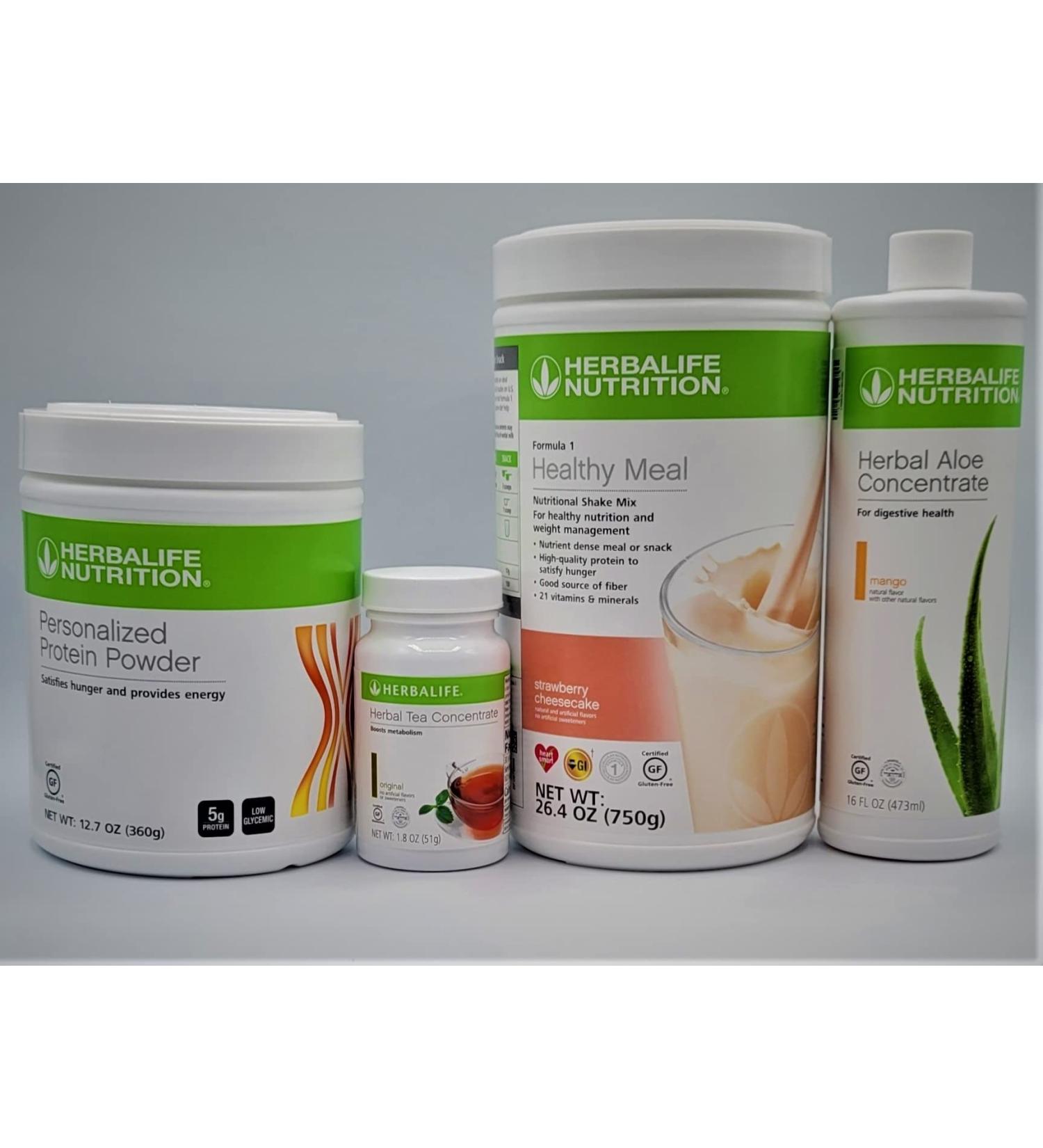 HERBALIFE Formula 1 Four Combo (Strawberry Cheesecake 750g) Healthy Nutritional Shake Mix-Herbal Aloe Concentrate Pint 473ml-PERSONALIZED Protein Powder 360g and Herbal Tea Concentrate 51g - Buy Online on GoSupps.com