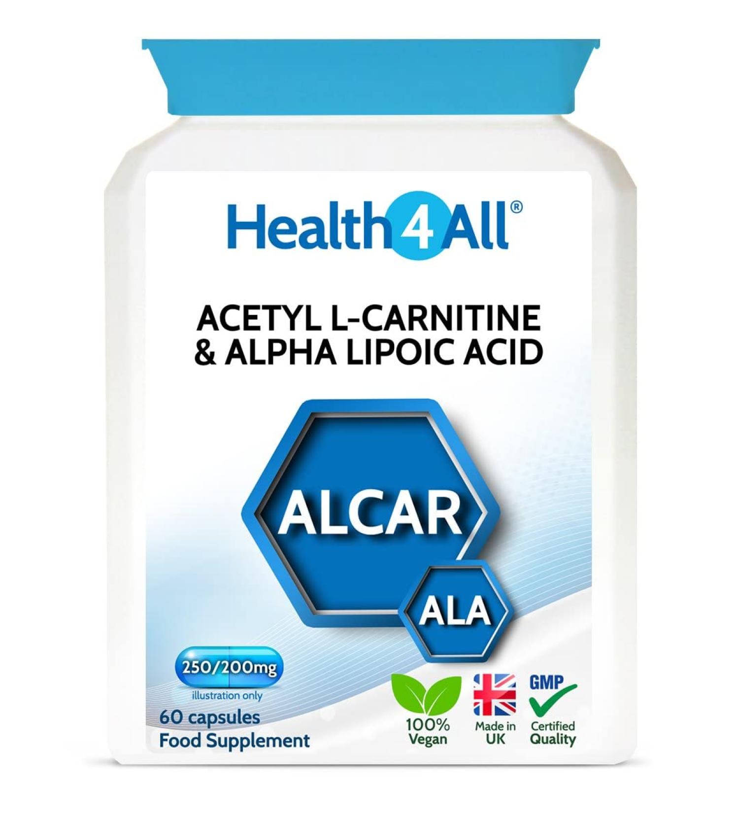 Acetyl L-Carnitine 250mg & Alpha Lipoic Acid 200mg Capsules | Vegan ALCAR ALA Supplement 60ct | Made in UK by Health4All - Buy Online on GoSupps.com