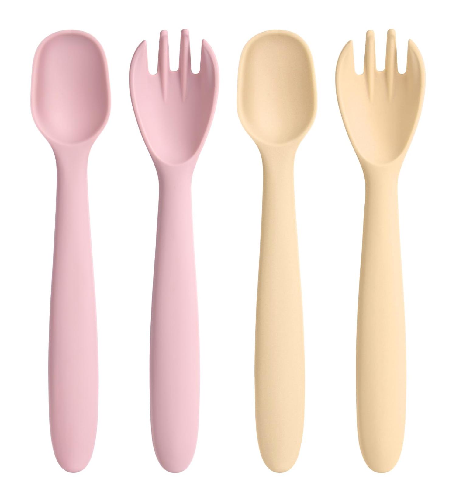 HOTUT Self-Feeding Weaning Spoons Forks 4pcs - Silicone Baby Utensils Set in Pink Yellow - Buy Online on GoSupps.com