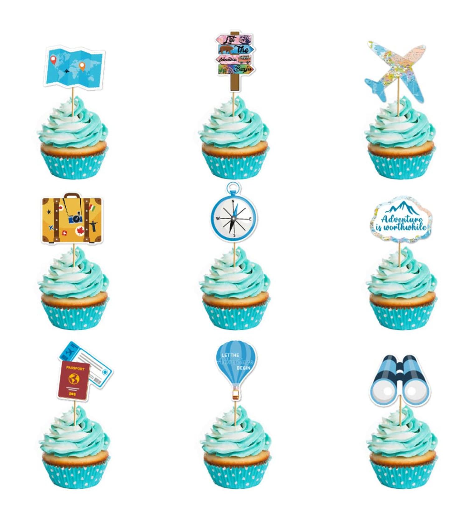 27 Pcs Travel Themed Cupcake Toppers Airplane Map Let the Adventure Begin Cake Toppers for Travel Themed Birthday Retirement Graduation Job Career Change Moving Away Baby Shower Party Supplies - Buy Online on GoSupps.com