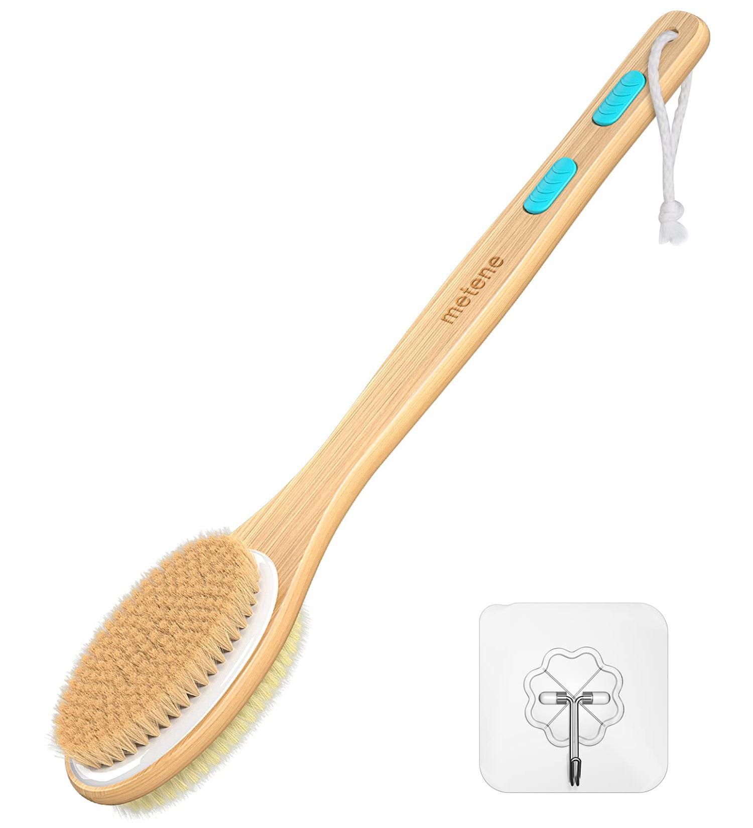 Metene Exfoliating Shower Brush - Dual-Sided Soft & Stiff Bristles, Long Wooden Handle for Body Care - Buy Online on GoSupps.com