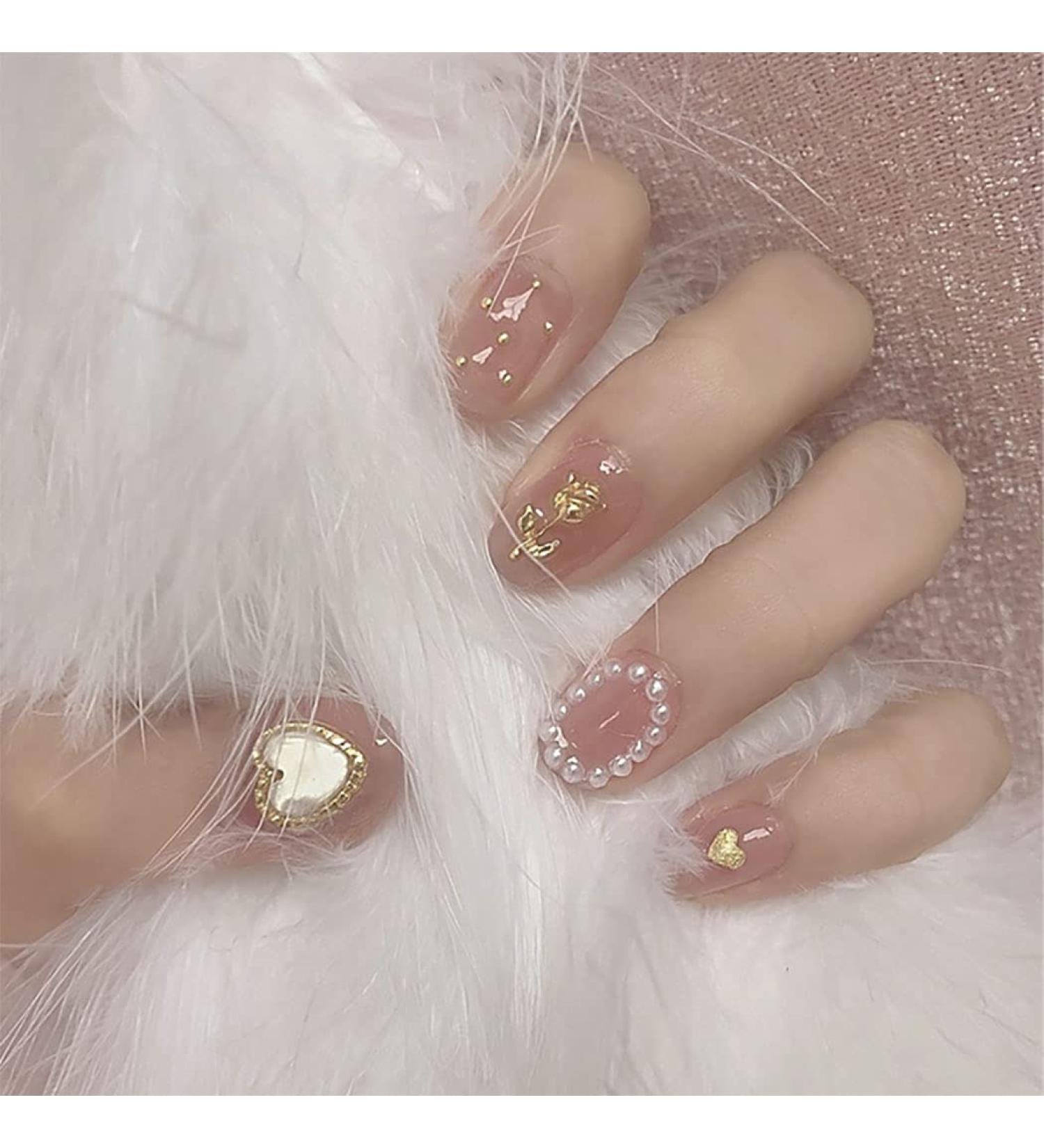 Sethexy Short Oval Pink False Fingernails - Glossy Pearl & Gold Acrylic Nail Tips with Glue 24pcs Press-On Nails for Women & Girls - Buy Online on GoSupps.com