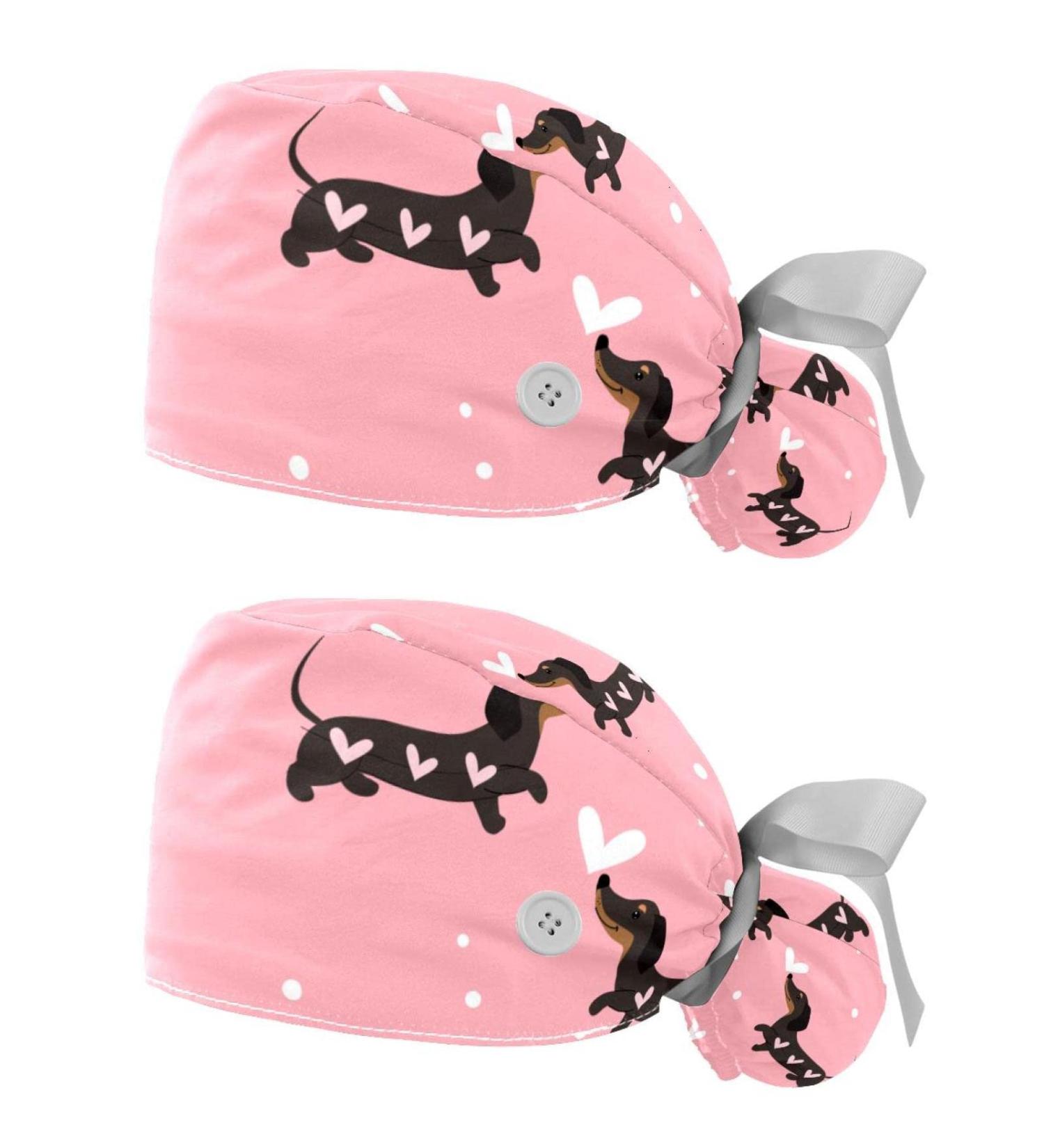 Dachshund Dogs and Hearts Scrub Caps Hats - 2PCS Multicolor | Women Bouffant Working Hat with Ponytail Holder for Long Hair Coverage - Buy Online on GoSupps.com