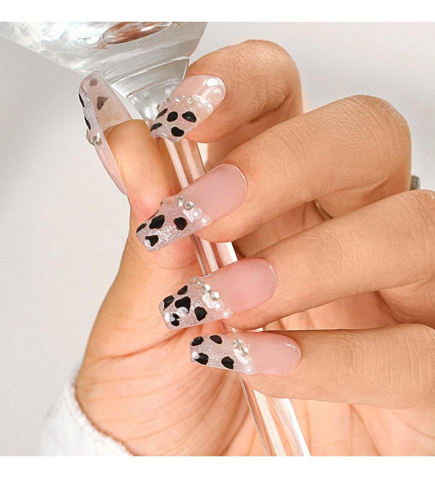 Sethexy French Long Coffin False Nails - Handmade Strass Pearl Glossy Leopard Print Nails | Salon Quality Press-On Acrylic Glitter Nail Art for Women & Girls - Buy Online on GoSupps.com