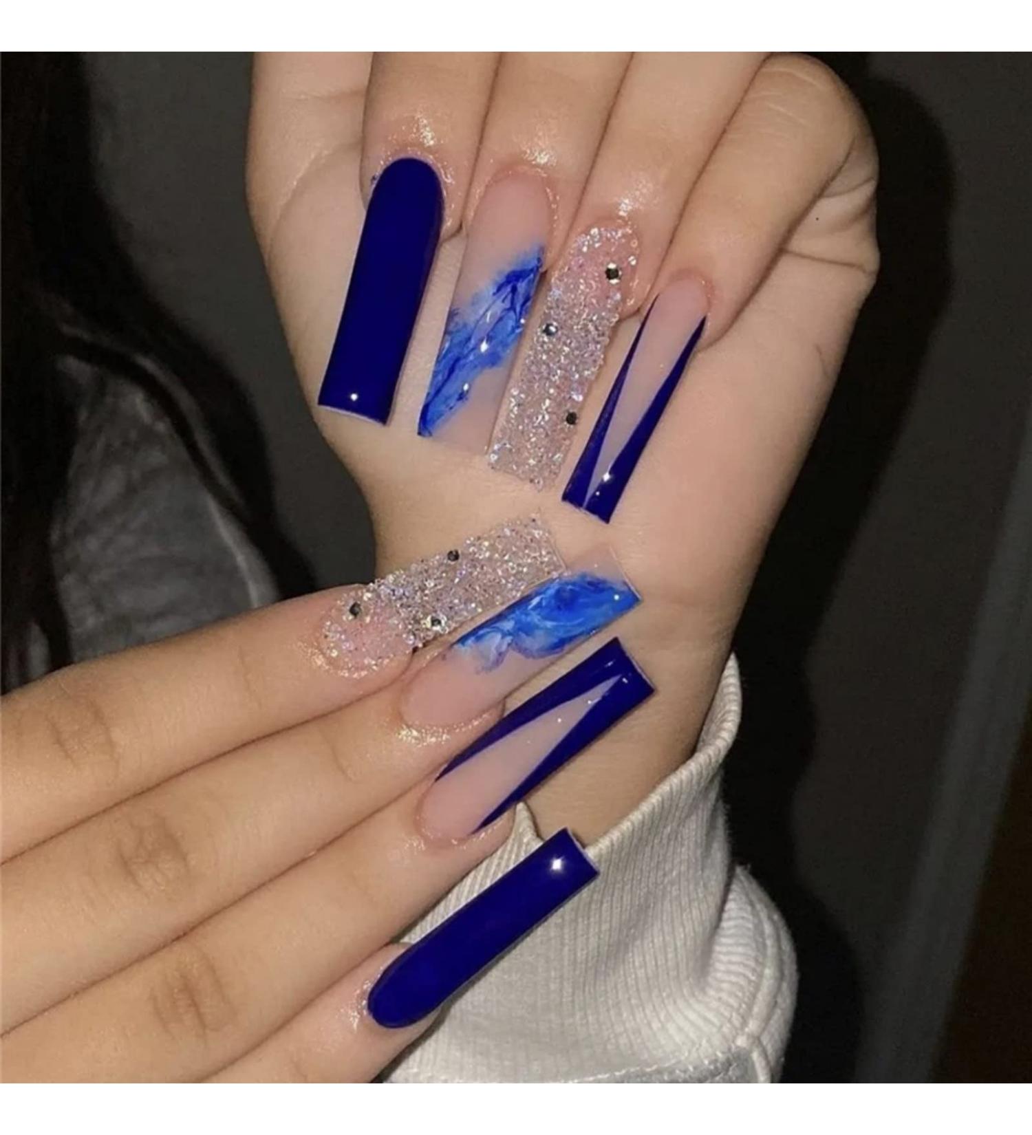 Justotry 24 Glitter False Nails - Long Dark Blue French Press On Nails | Ballerina Stick On Nails for Women - Acrylic Coffin Diamante Fake Nails Medium with Glue - Nail Art Blue & Diamond - Buy Online on GoSupps.com