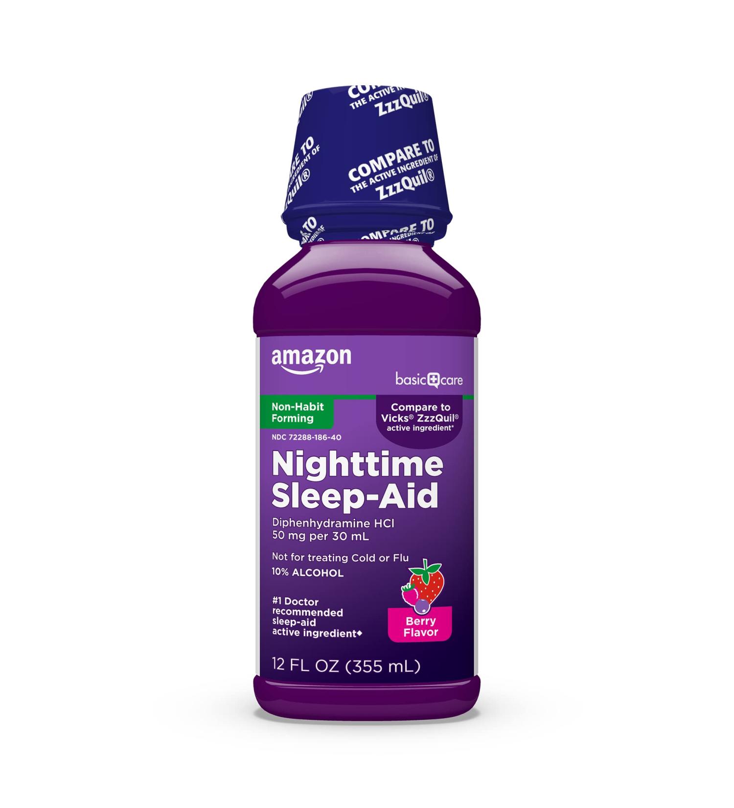 Amazon Basic Care Night Time Sleep-Aid Liquid - Mixed Berry Flavor, 12 Fl Oz - Relieves Occasional Sleeplessness, Promotes Better Sleep - 1 Pack - Buy Online on GoSupps.com