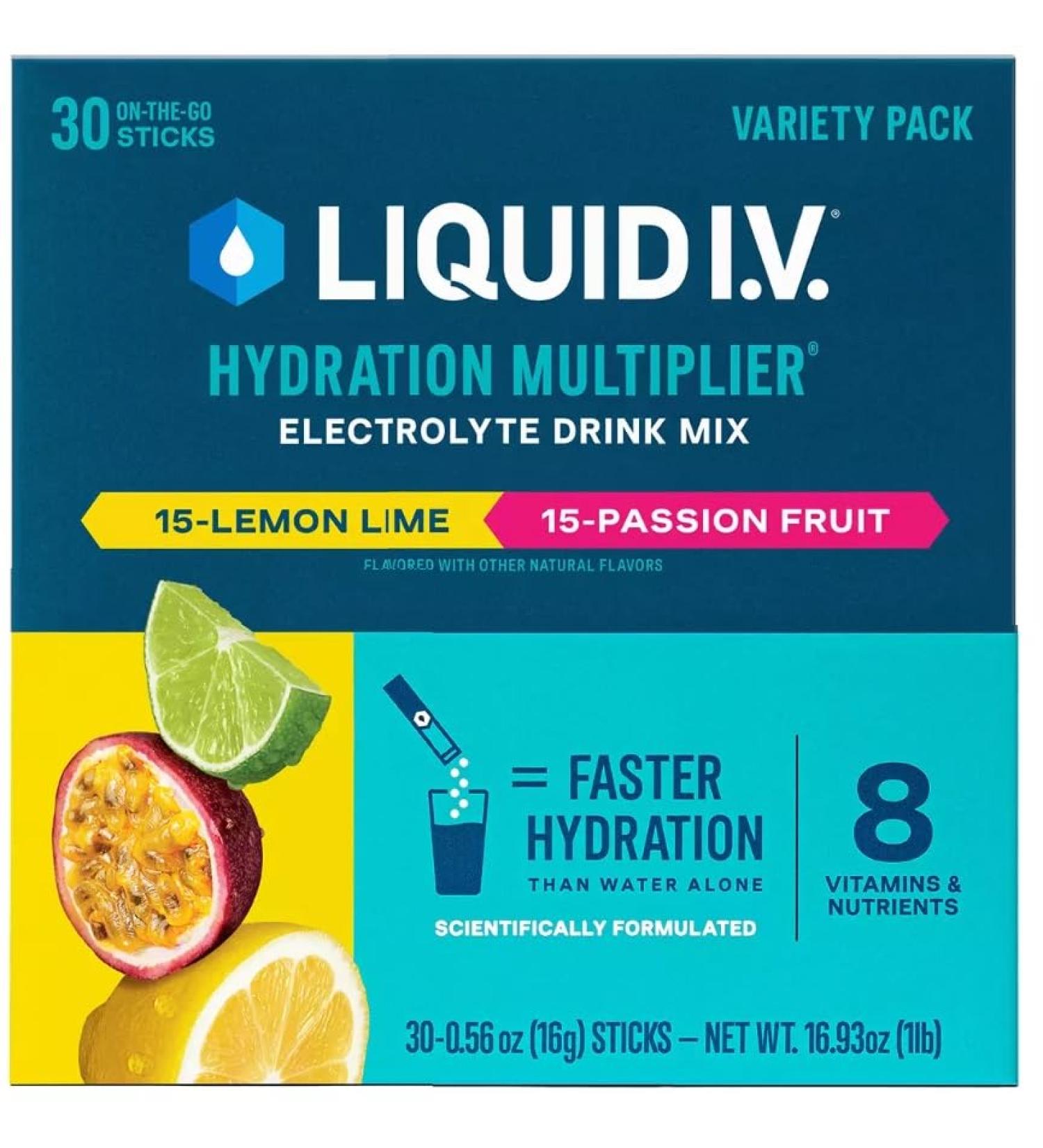 Liquid IV Hydration Multiplier Drink Mix - 30 Individual Stick Packets - Variety Flavors Lemon Lime and Passion Fruit - 480 Grams