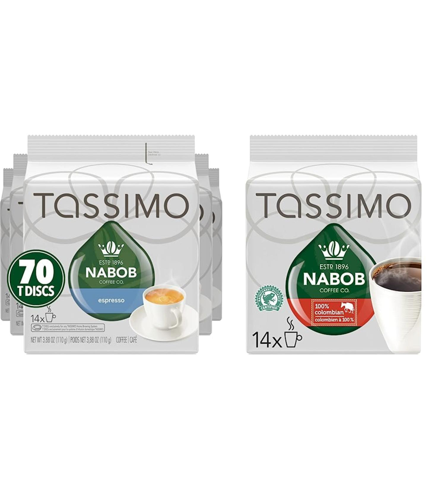 Tassimo Nabob Espresso Single Serve T-Discs 110g (5 Boxes of 14 T-Discs) & Nabob 100% Colombian Coffee Single Serve T-Discs 110g Coffee + Columbian Coffee Espresso 14 Count (Pack of 5) - Buy Online on GoSupps.com