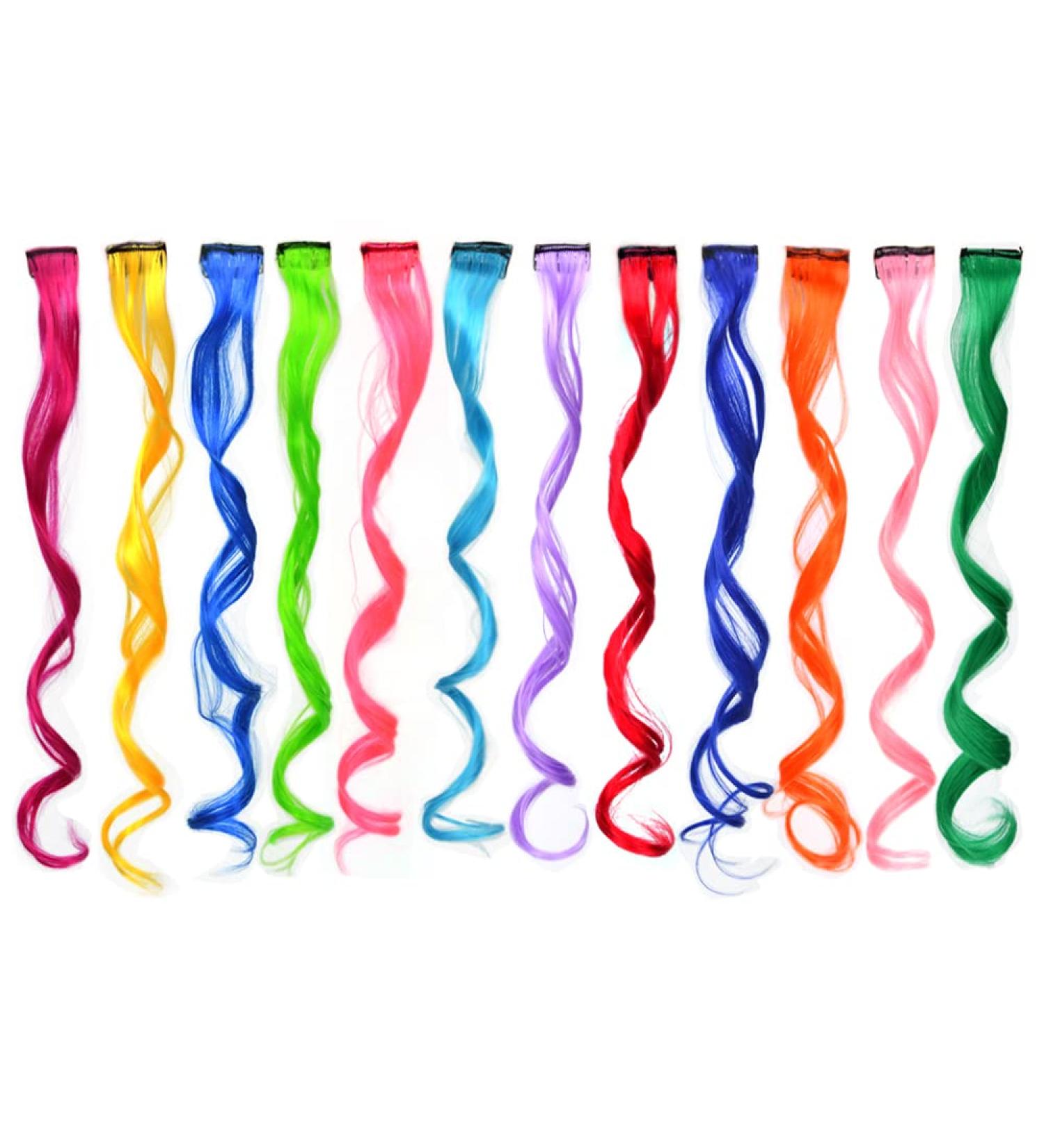 12 Pcs Colored Hair Extensions Clips - Curly Wavy Synthetic Hairpieces for Women, Kids, Girls - Multi-color Party Highlights - Colorful Set - Buy Online on GoSupps.com