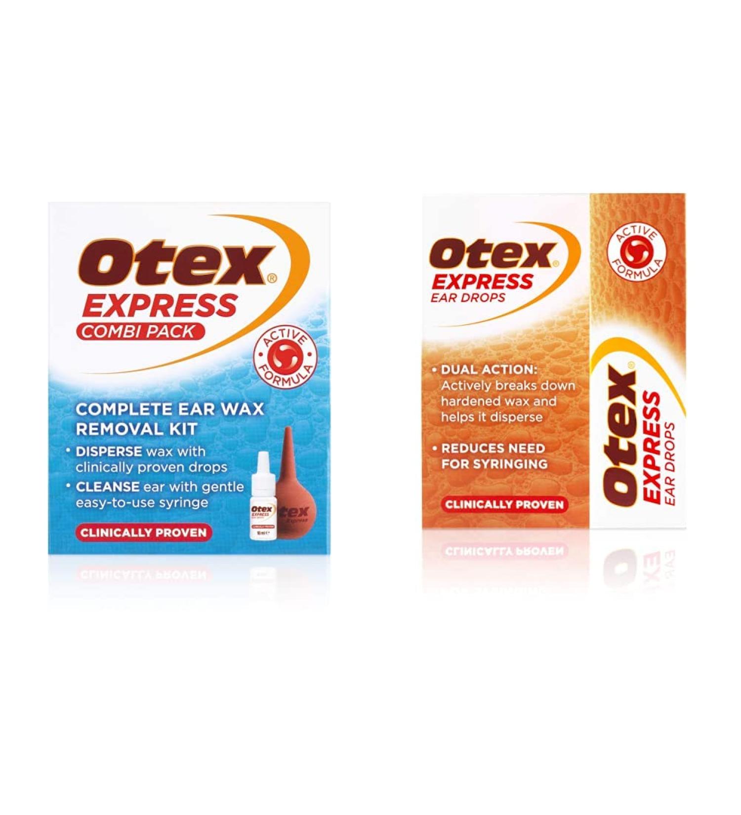 Otex Express Combi Pack Drops with Ear Syringe 10ml & Express Ear Drops 10ml. Clinically Proven Ear Wax Removal Drops For Excessive Hardened Ear Wax. Can Reduce The Need For Syringing + Express Ear Drops - Buy Online on GoSupps.com