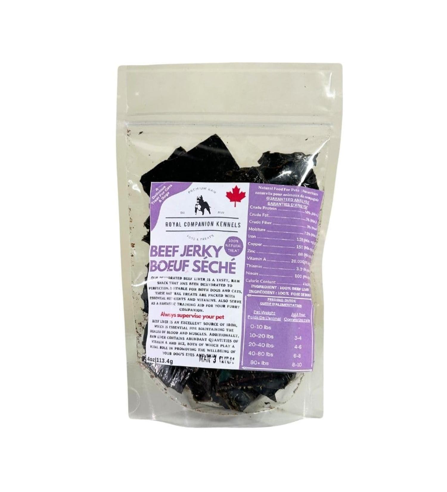 Beef Jerky Dog Treat 4oz | 113.6g Natural Dehydrated Beef Liver Training Aid & Food Topper Nutrient Rich Canadian Raised Supporting Blood and Muscles. - Buy Online on GoSupps.com