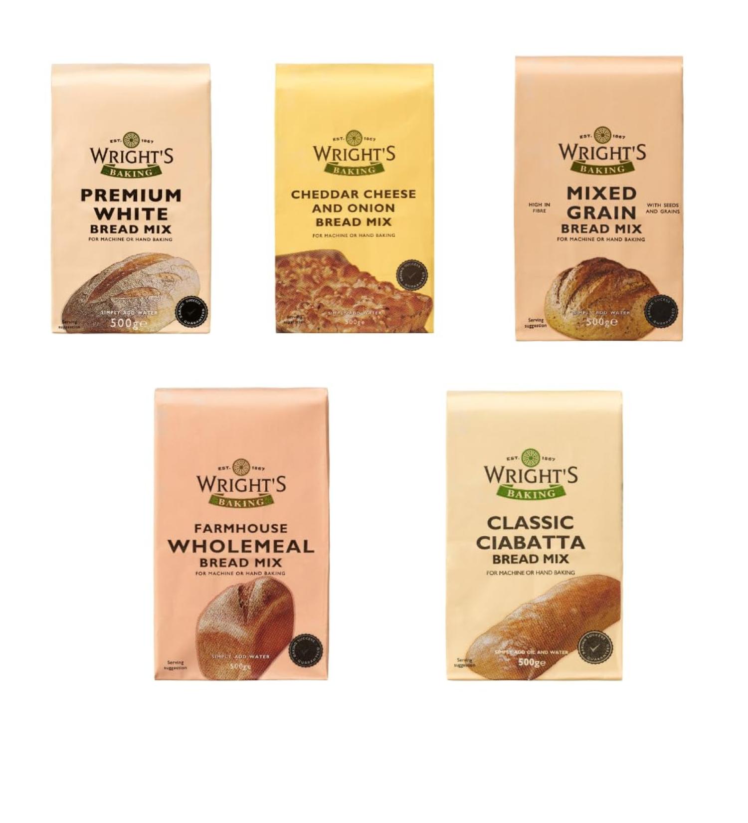 Wright's selection pack | Premium White Bread Mix | Mixed Grain Bread Mix | cheddar and onion bread mix | Wholemeal bread mix | Ciabatta Bread Mix - Buy Online on GoSupps.com