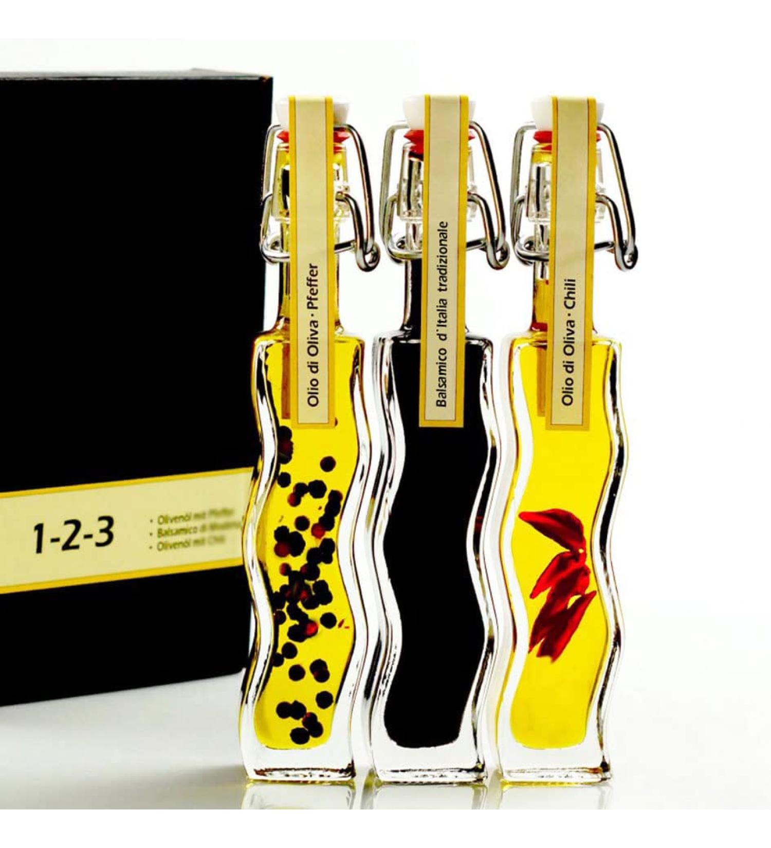 Gift set seasoning oil set with balsamic 1-2-3. In attractive gift packaging