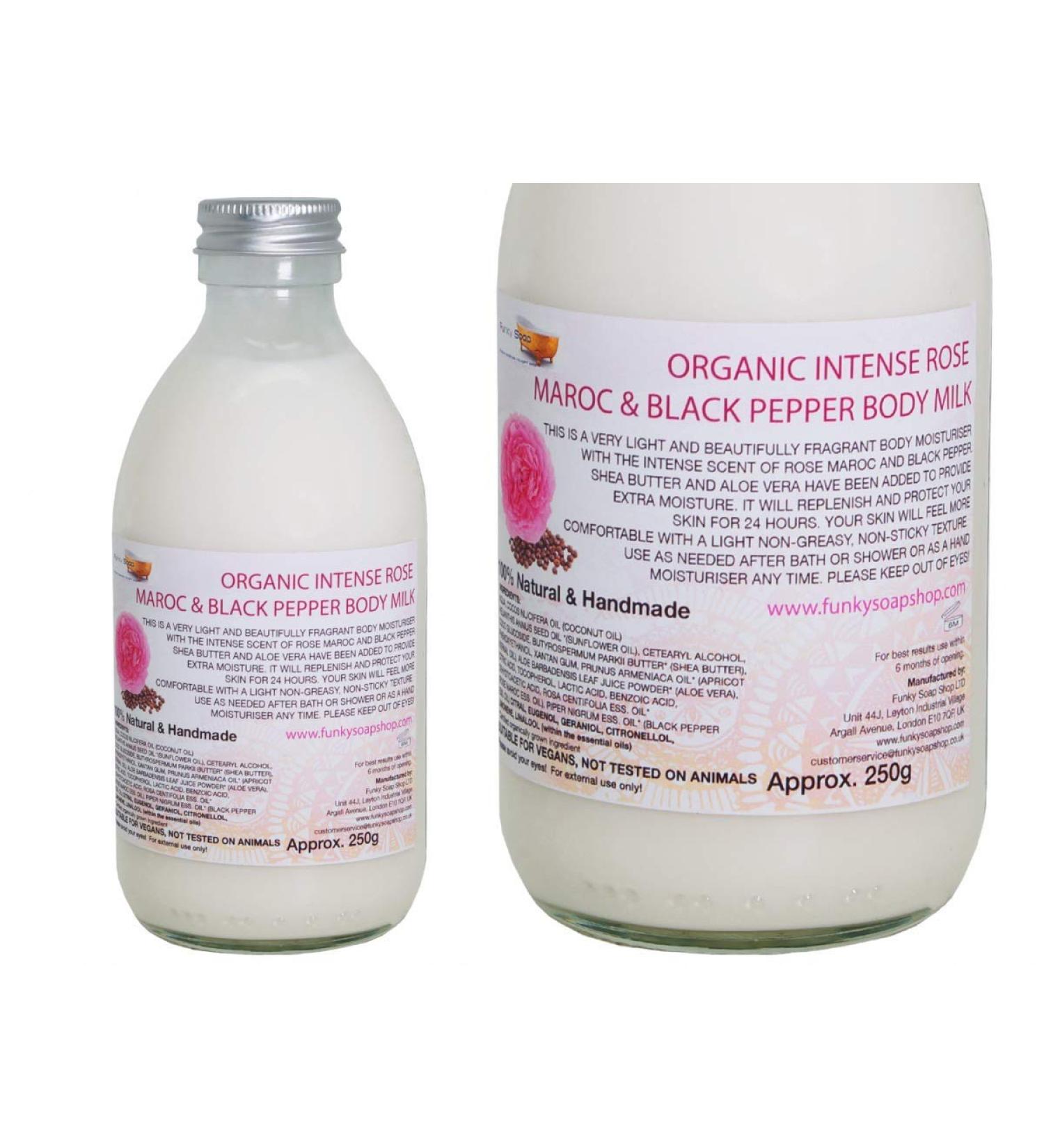 Funky Soap Organic Intense Rose Maroc & Black Pepper Body Milk plastic free glass bottle with 250 ml