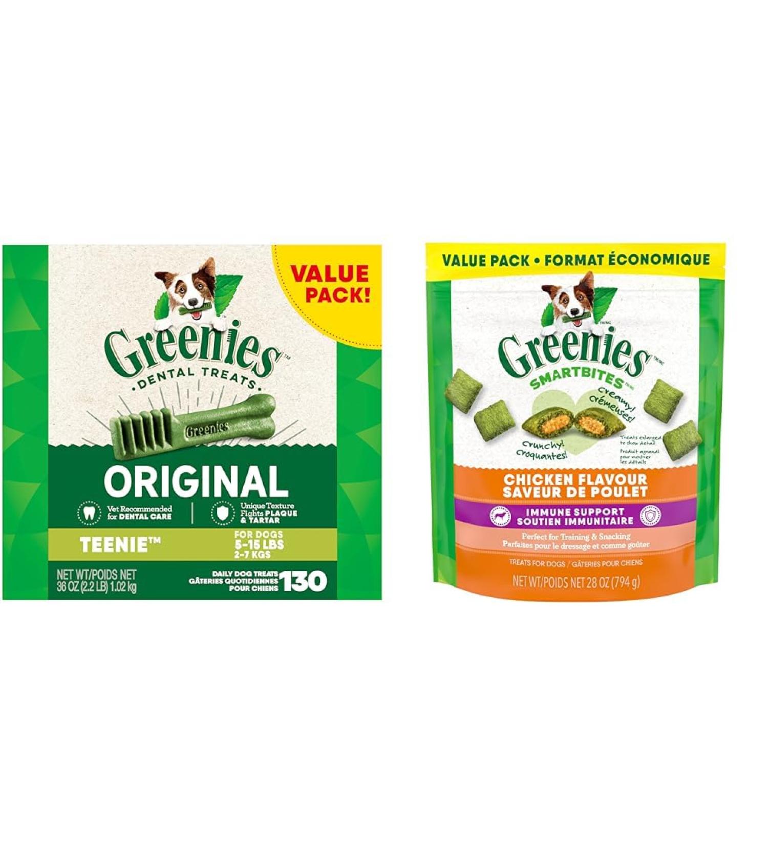 GREENIES Adult Dog Treats Original TEENIE Natural Dental Care (130 Treats) 36oz. Pack & Smartbites Dog Treats Immune Support Chicken Flavour 794g Pouch - Buy Online on GoSupps.com