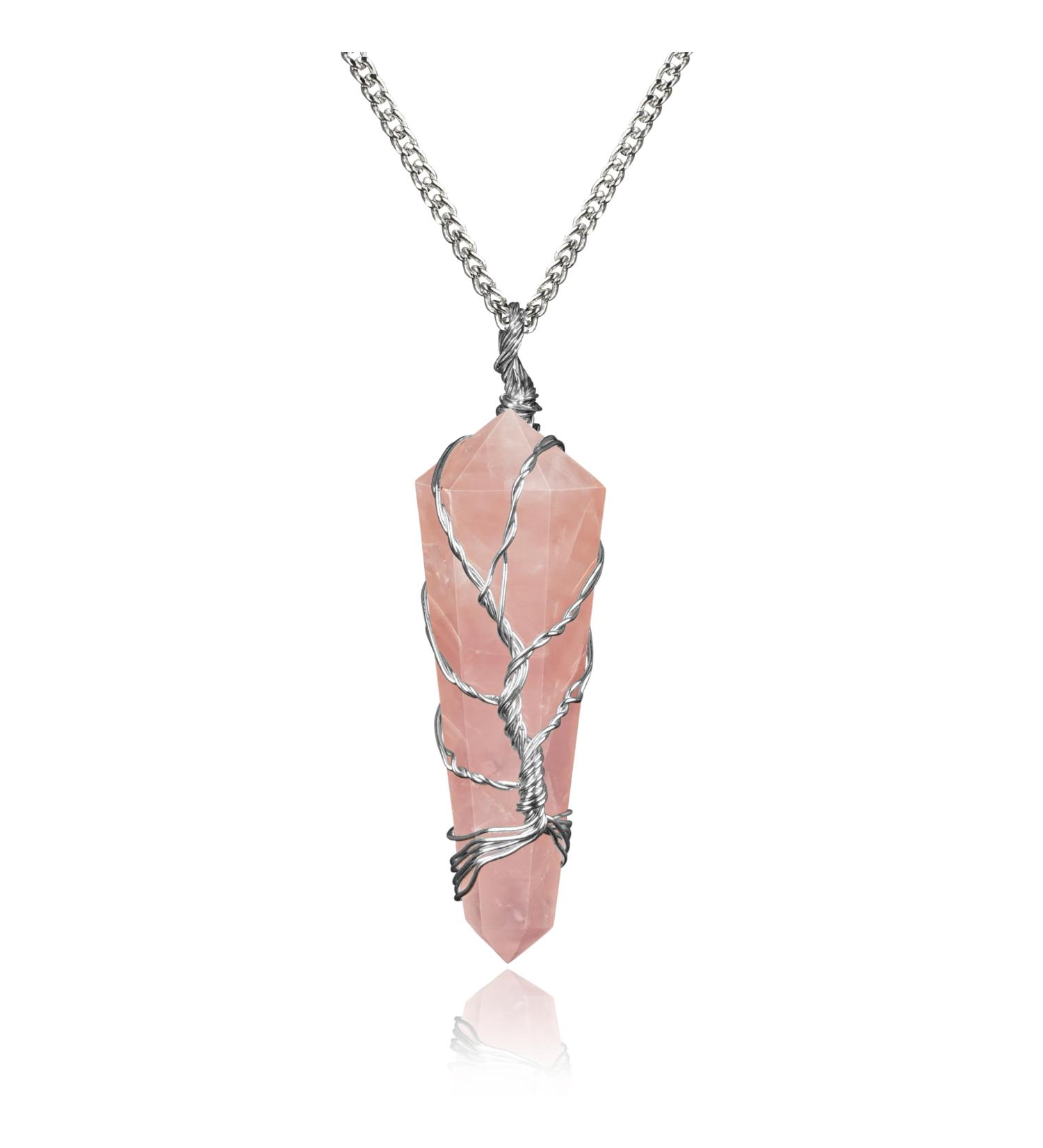 Rose Quartz Crystal Necklace for Women | Handmade Birthstone Pendant for Chakra Healing & Good Luck | Tree of Life Jewelry | Perfect Birthday Gifts for Him & Her - Buy Online on GoSupps.com