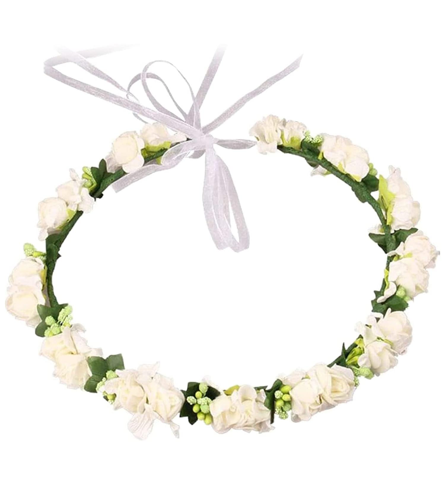 Flower Crown Flower Girl Hair Accessories Festival Accessories Hen Party Accessories Flower Headband with Ribbon for Women or Girls (White) - Buy Online on GoSupps.com