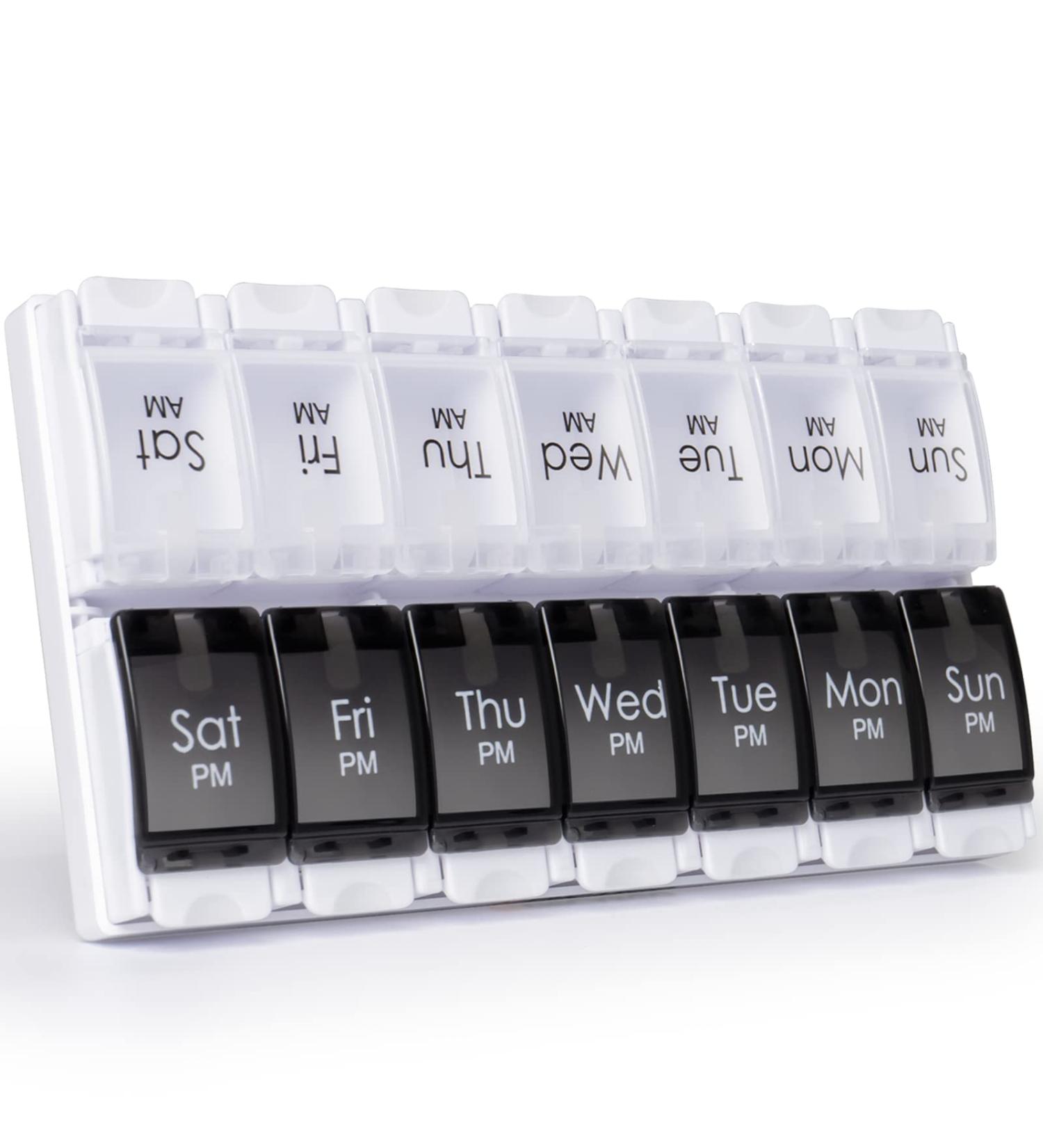 Large Weekly Pill Organizer for Travel, 2 Times a Day Medication, Vitamins, Fish Oil - Easy Push Button Design - Black & White - Buy Online on GoSupps.com