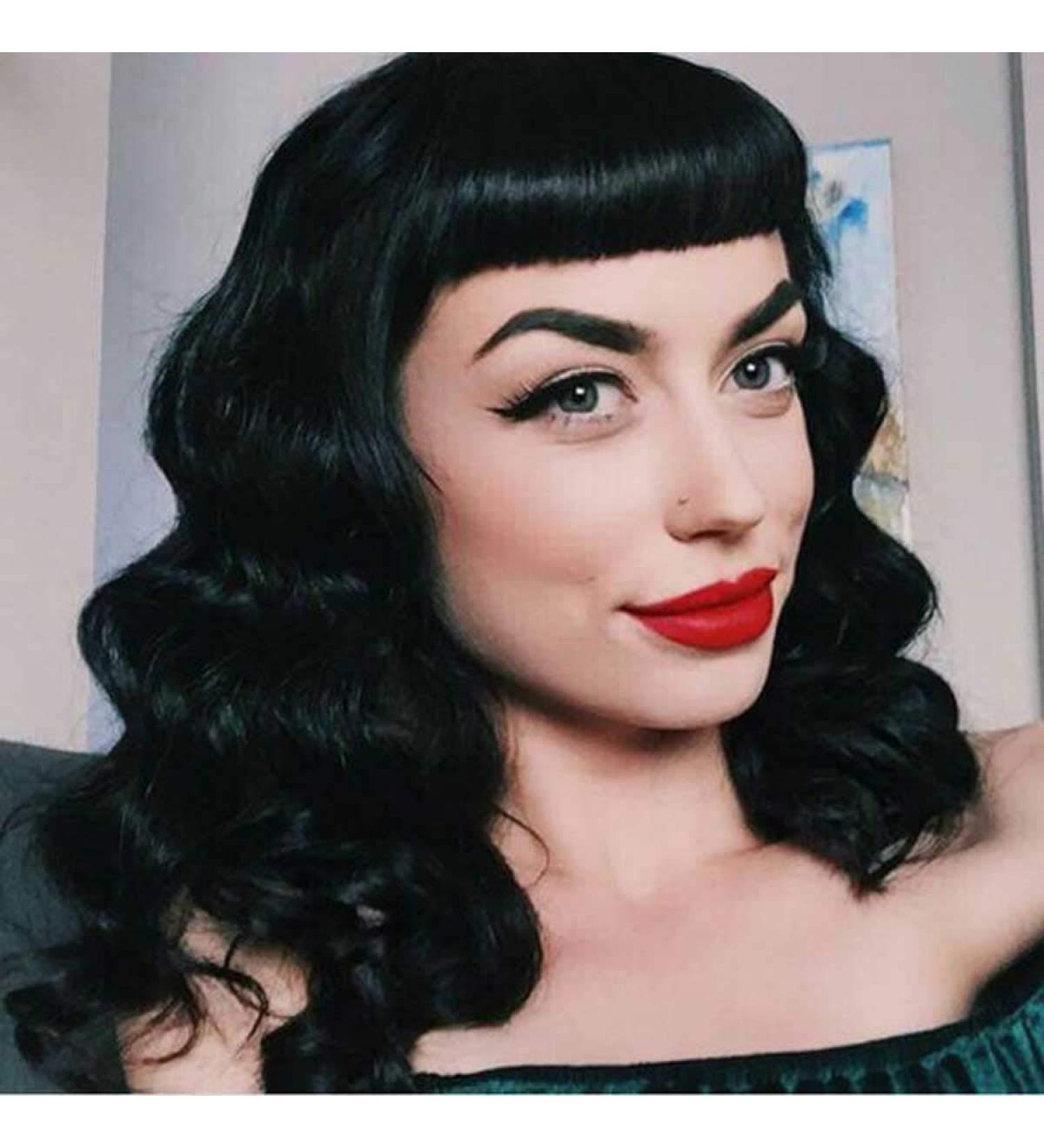 DIFEI Rockabilly Vintage Wig | Audrey Hepburn Style | Finger Wavy | Short Bang | Long Wig for Women - Black - Buy Online on GoSupps.com