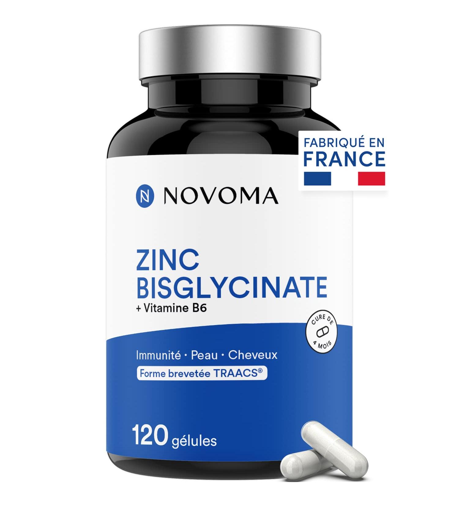 TRAACS Zinc Bisglycinate 15 mg + Bioactive Vitamin B6 | High Absorption & High Zinc Content | Immunity & Acne Dietary Supplement | 120 Capsules | Made in France | NOVOMA (formerly Nutrivita) - Buy Online on GoSupps.com