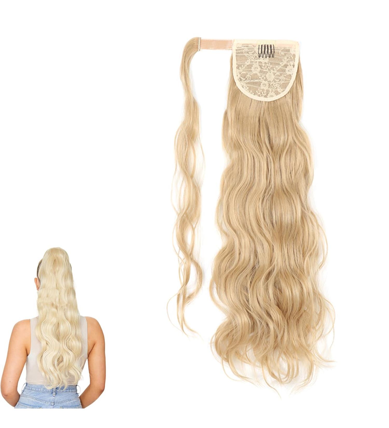 PrinFantasy Fake Ponytail Wavy Curly Hair Extension Blonde | 24 inch Heat Resistant Synthetic Clip-in Long Hair Piece MW128 - Buy Online on GoSupps.com