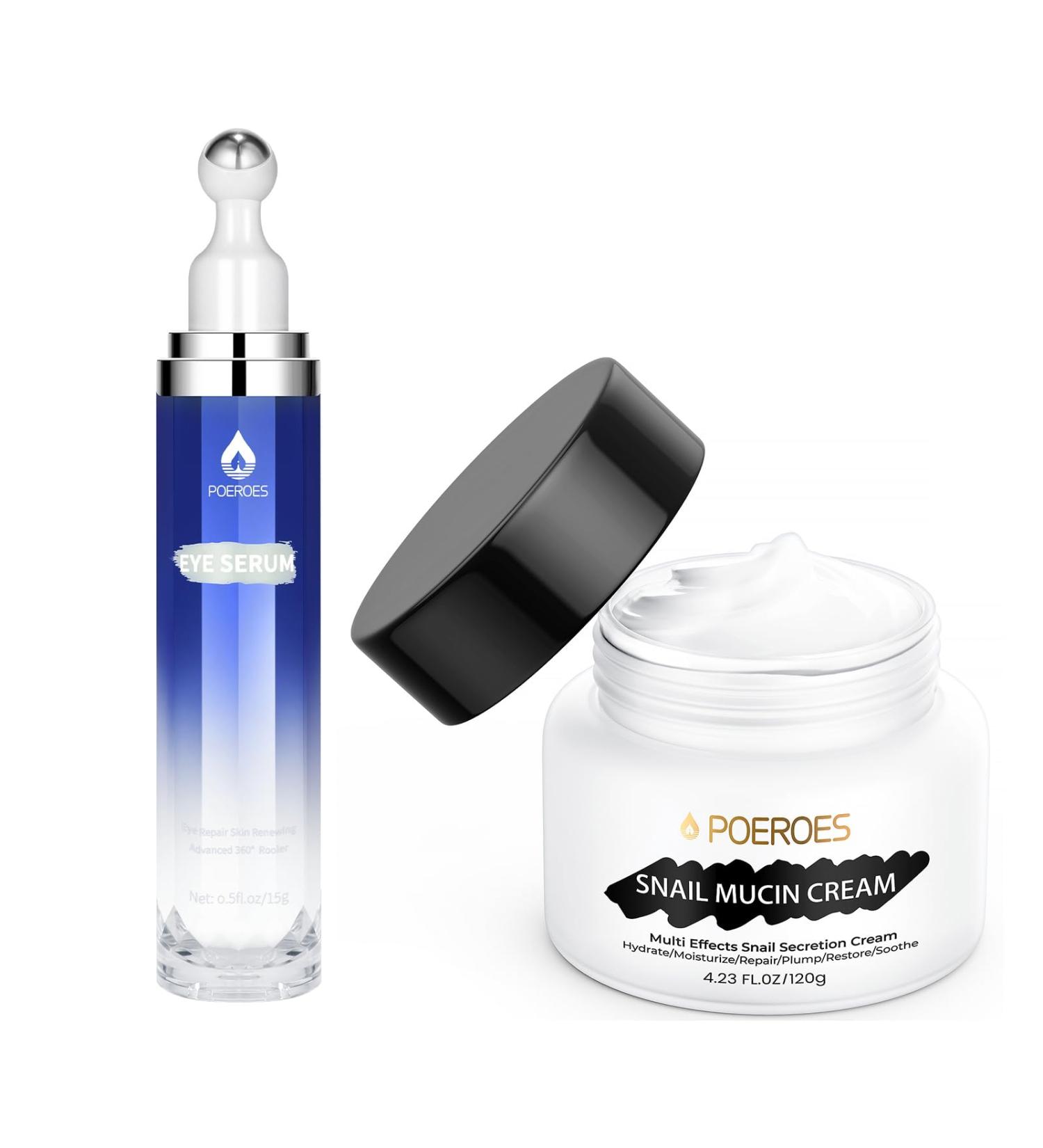 Poeroes 8% Caffeine Eye Serum & 99.3% Moisturizing Snail Mucin Cream for Anti-Aging & Hydration Combination Pack - Buy Online on GoSupps.com