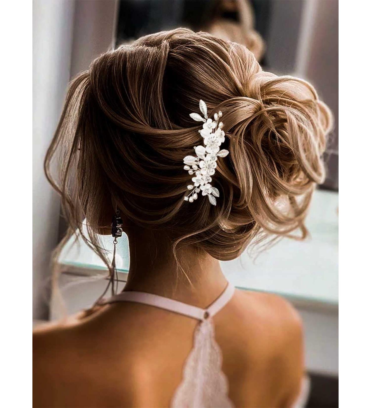 Silver Leaf Flower Bride Wedding Hair Comb with Pearl Accents - Bridal Hair Piece for Women and Girls - Buy Online on GoSupps.com