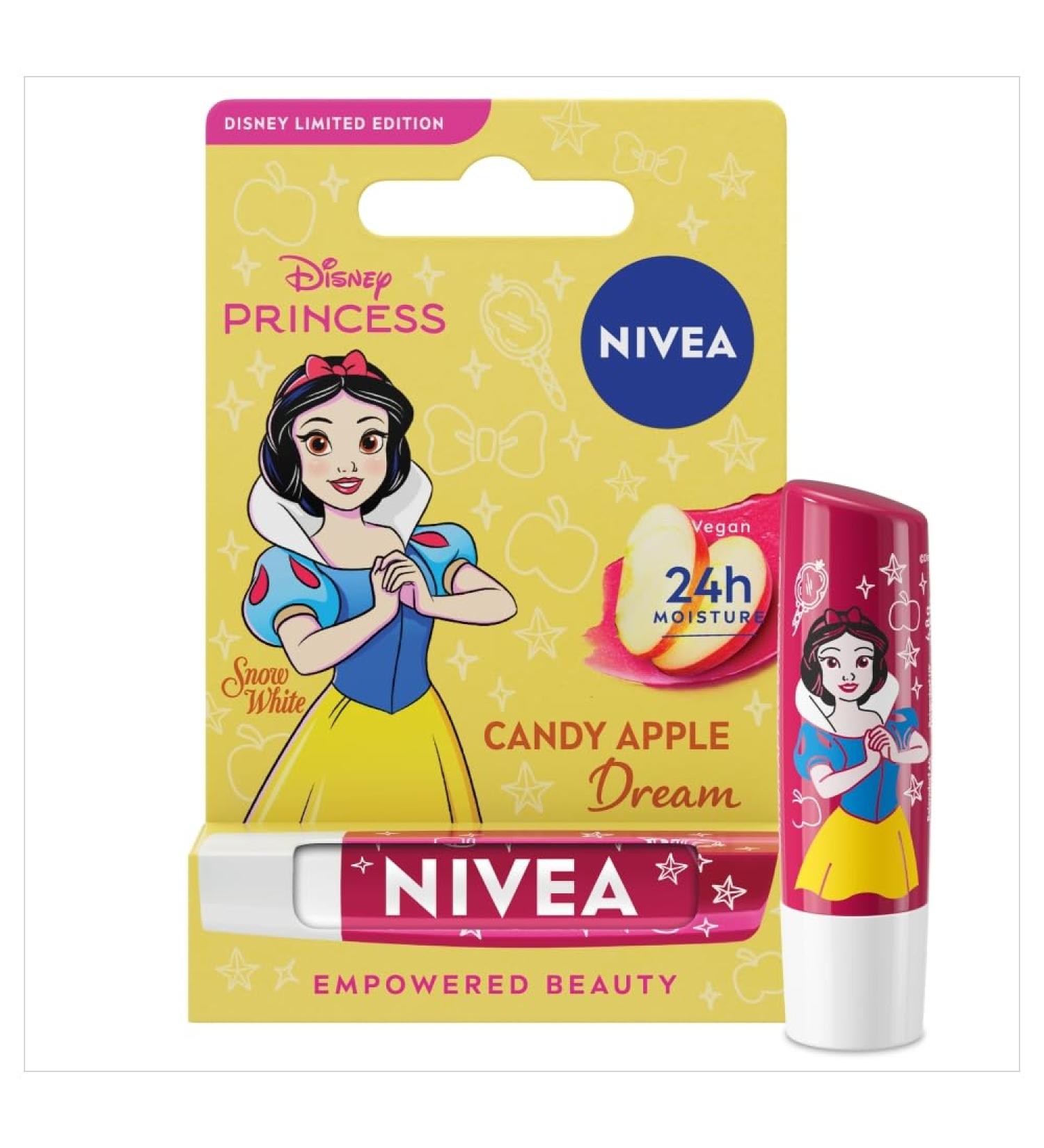 NIVEA Disney Limited Edition Candy Apple Dream Lip Balm Hydrating Vegan Lip Care with Shea Butter and Natural Oils Smooth Texture with Soft Apple Tint Collectible Disney Princess Design 0.17 oz