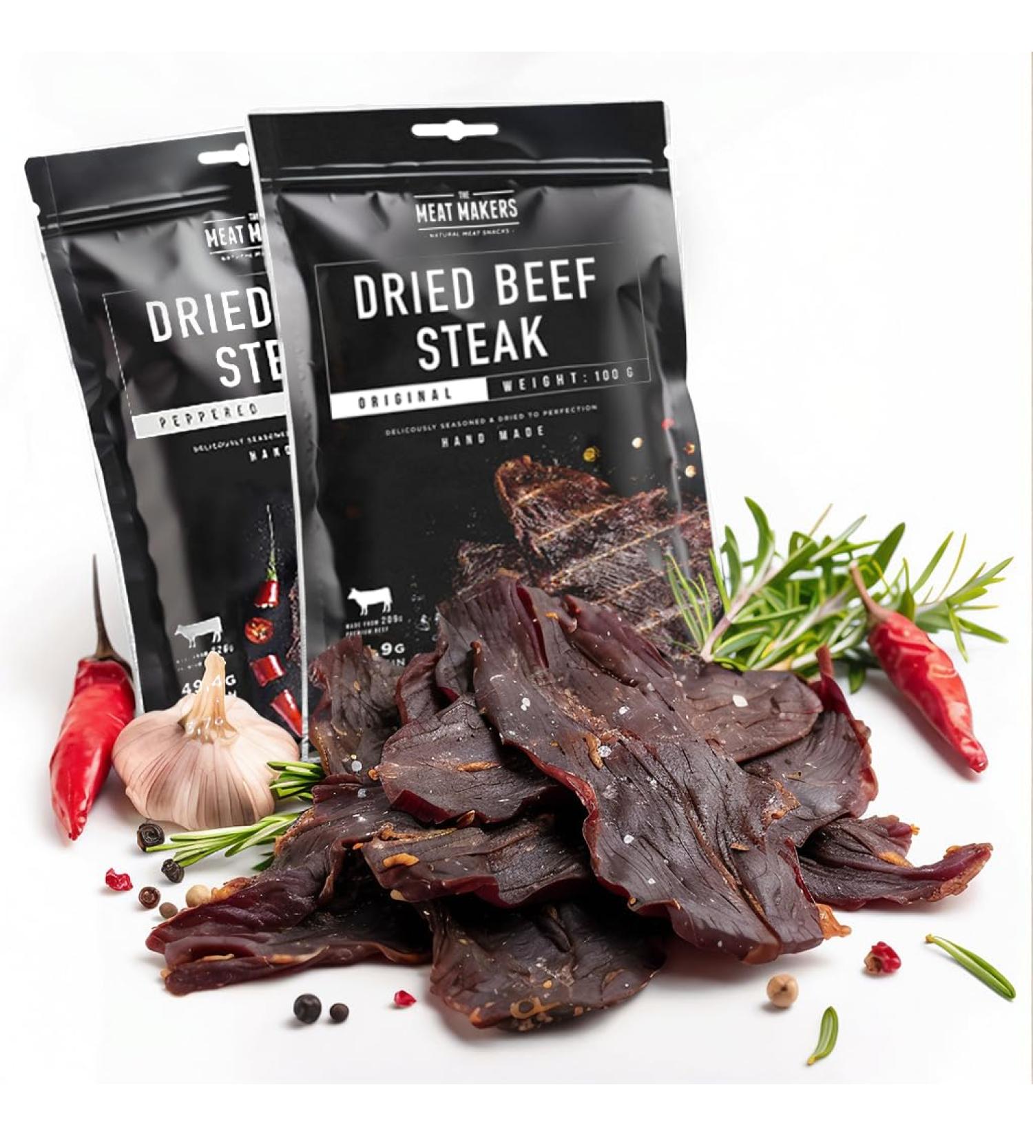 The Meat Makers Beef Jerky Steak Mix 200g - High Protein Dried Beef Snack - Gourmet D rrfleisch for Ultimate Flavor - Buy Online on GoSupps.com
