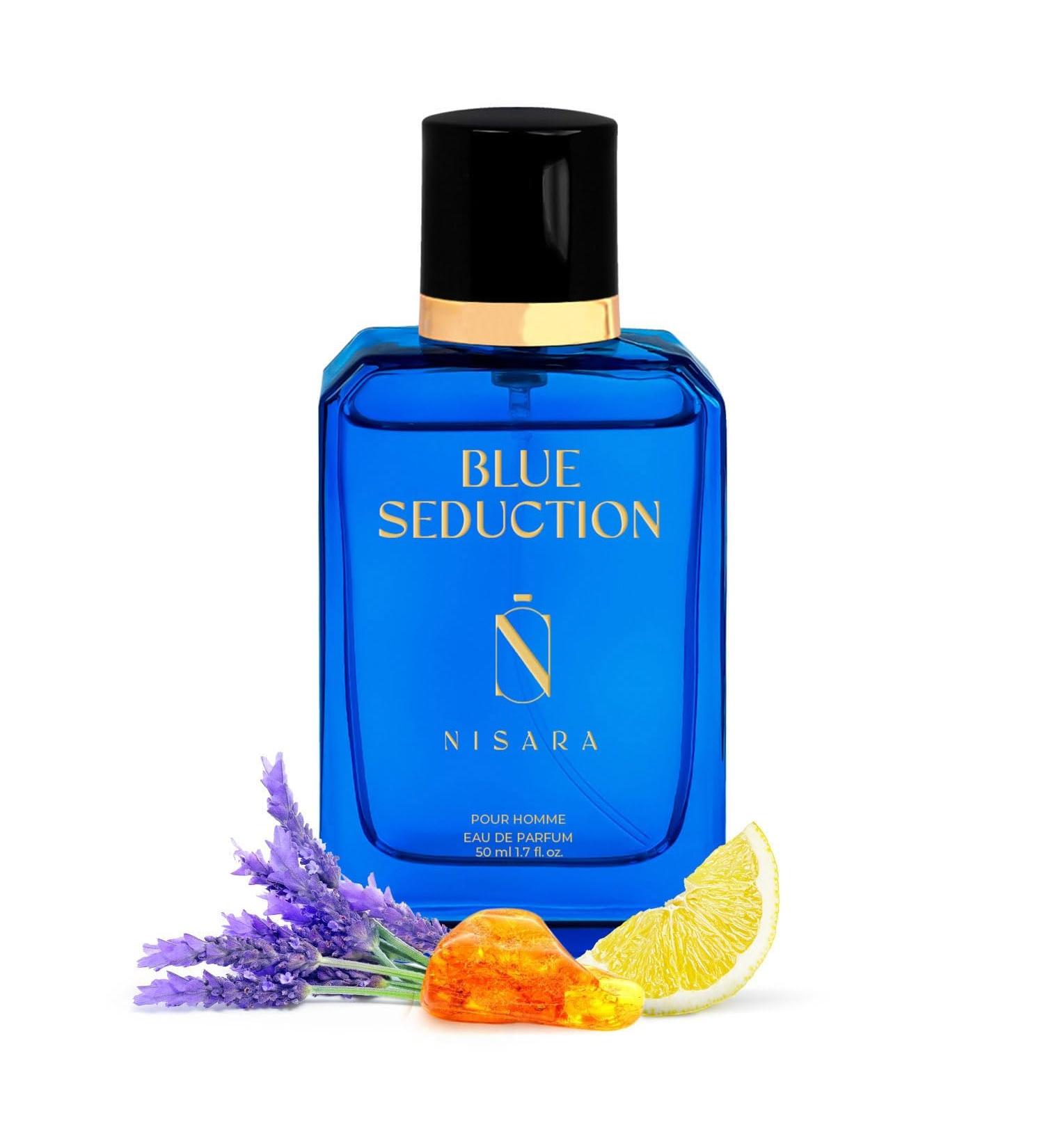 Nisara Blue Seduction Perfume For Men 50 ml | Long Lasting Eau De Parfum | Premium Perfume | Fresh-Aqua Aromatic Fougre Amber Fragrance | With Lemon Green Apple Patchouli| EDP Scent for men - Buy Online on GoSupps.com