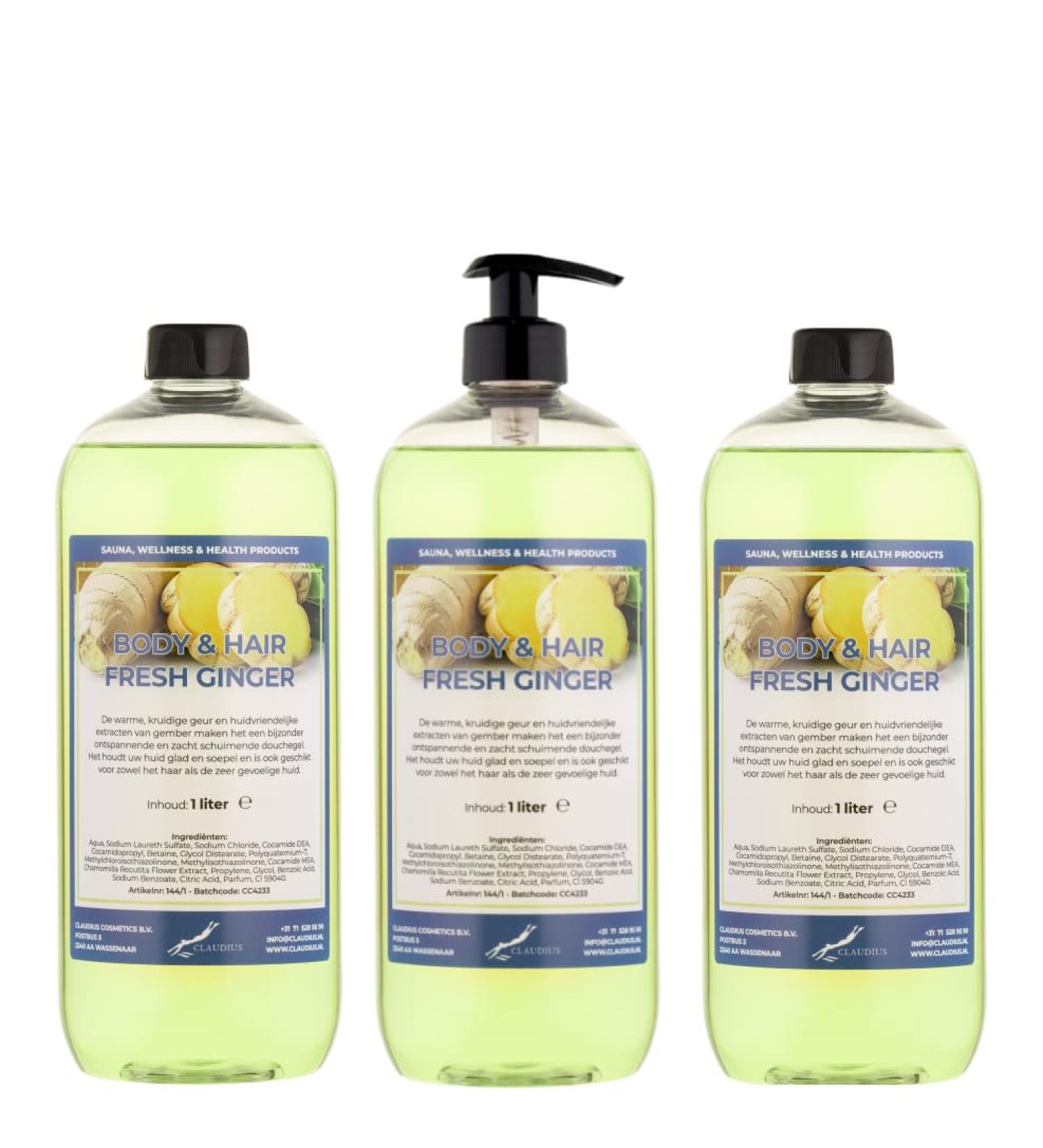Claudius Body & Hair Fresh Ginger 1 liter transparent set of 3 pieces with free pump 2 in 1 for body and hair