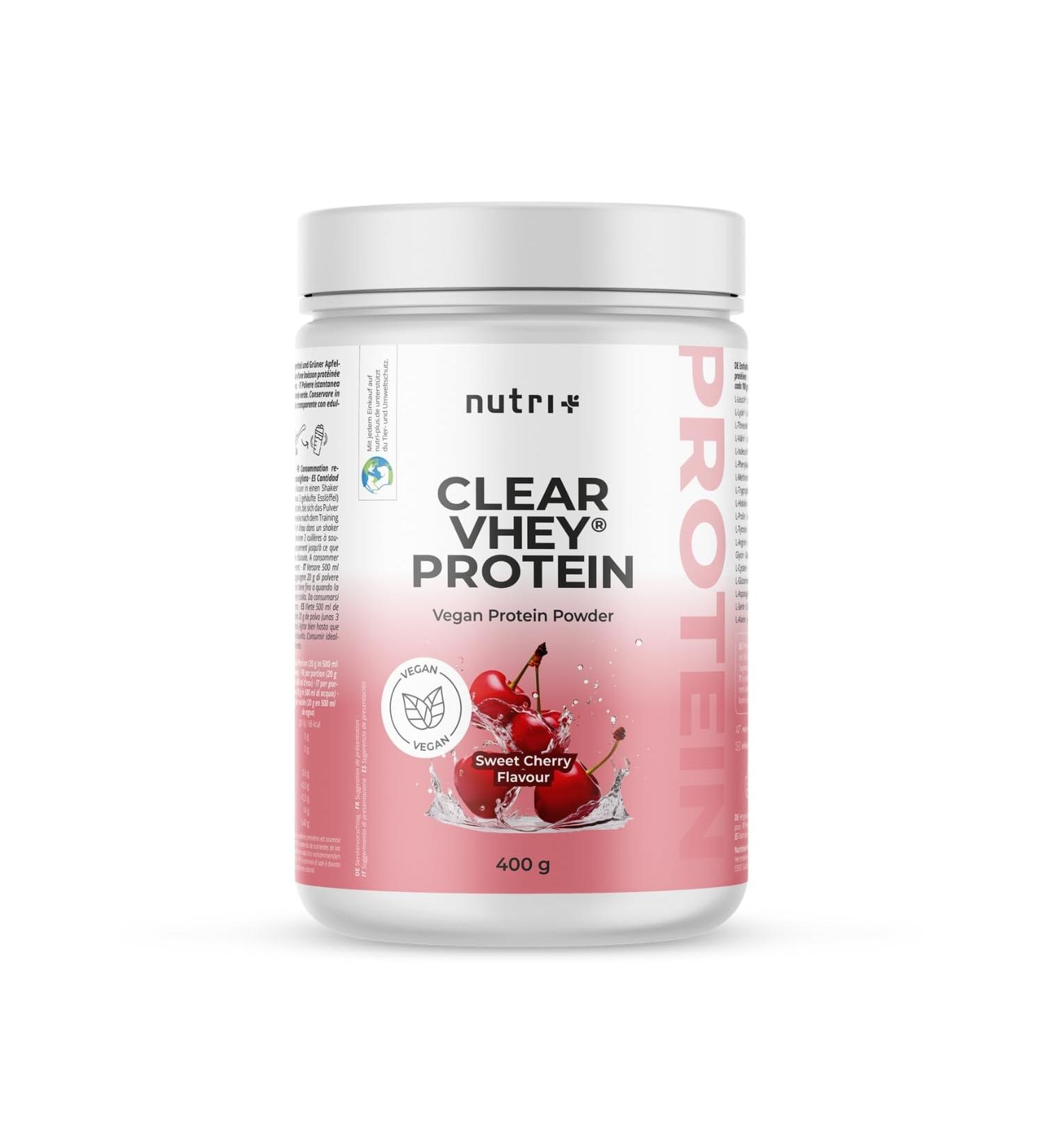 Nutri + Clear Vegan Protein Powder - Refreshing Cherry Flavor Soy-Free Gluten-Free Lactose-Free Sugar-Free 400g Pack - Buy Online on GoSupps.com