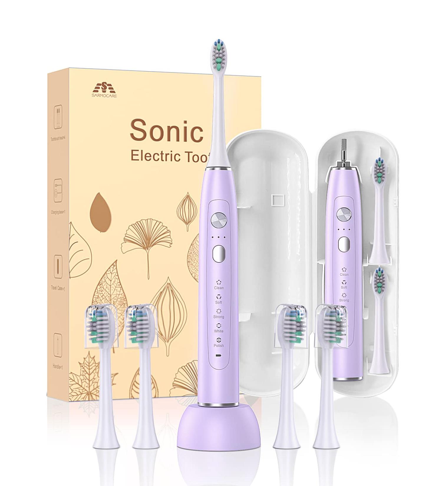 SARMOCARE Sonic Electric Toothbrush - Rechargeable for Adults & Kids | 5 Modes, 3 Intensity Levels | Waterproof, Wireless Charging | Smart Timer & Travel Case - Purple - Buy Online on GoSupps.com